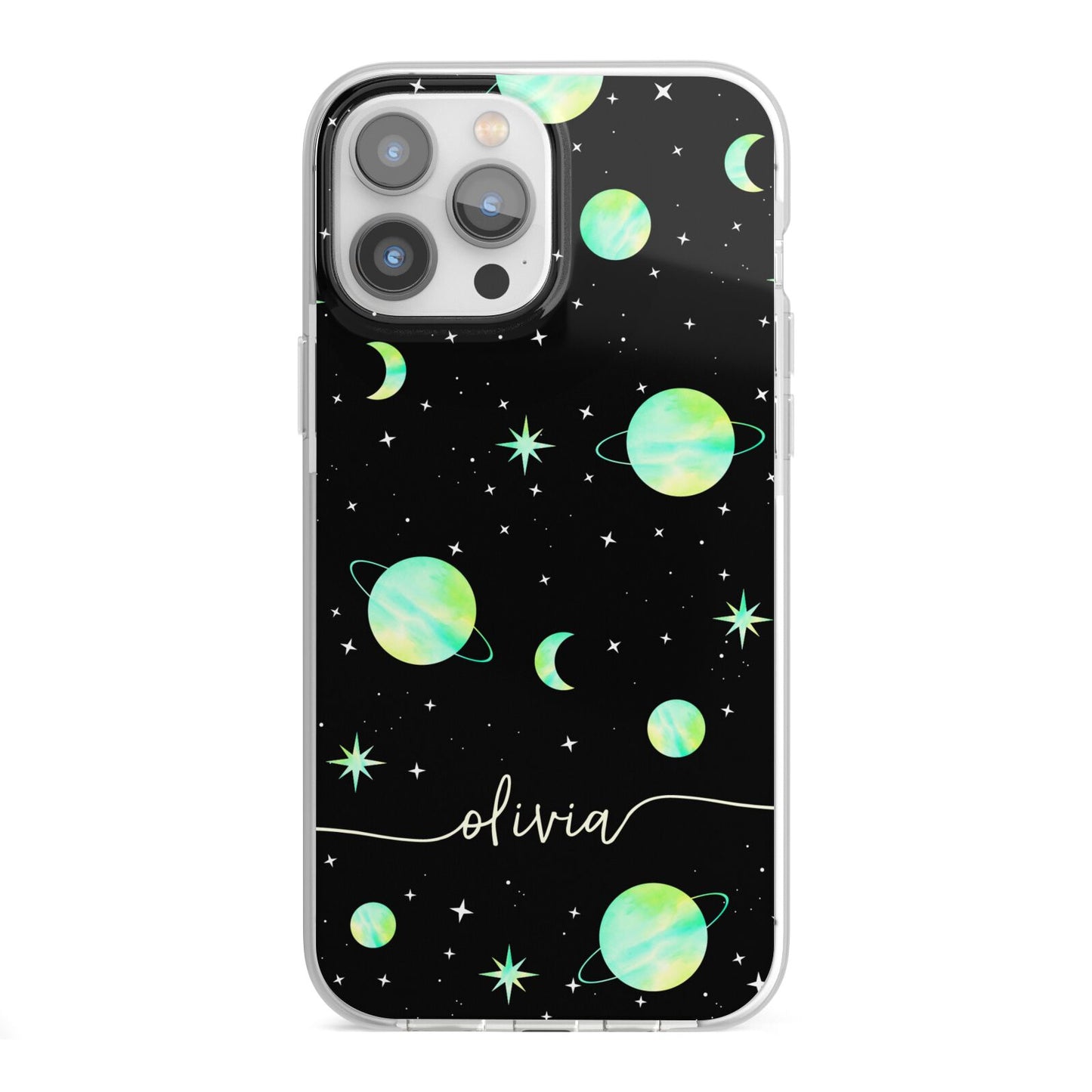 Green Galaxy Personalised Name iPhone 13 Pro Max TPU Impact Case with White Edges