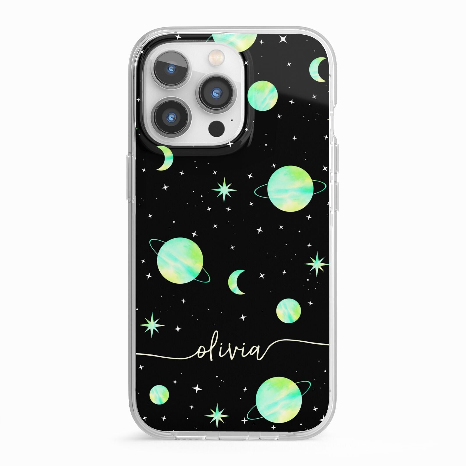 Green Galaxy Personalised Name iPhone 13 Pro TPU Impact Case with White Edges