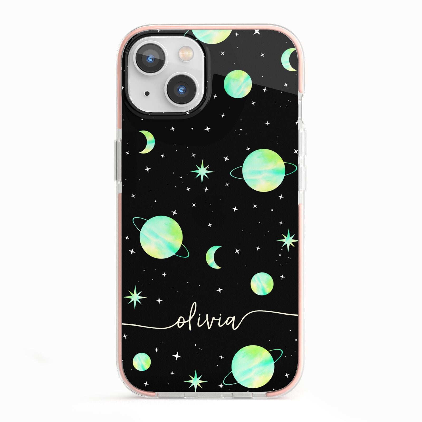 Green Galaxy Personalised Name iPhone 13 TPU Impact Case with Pink Edges