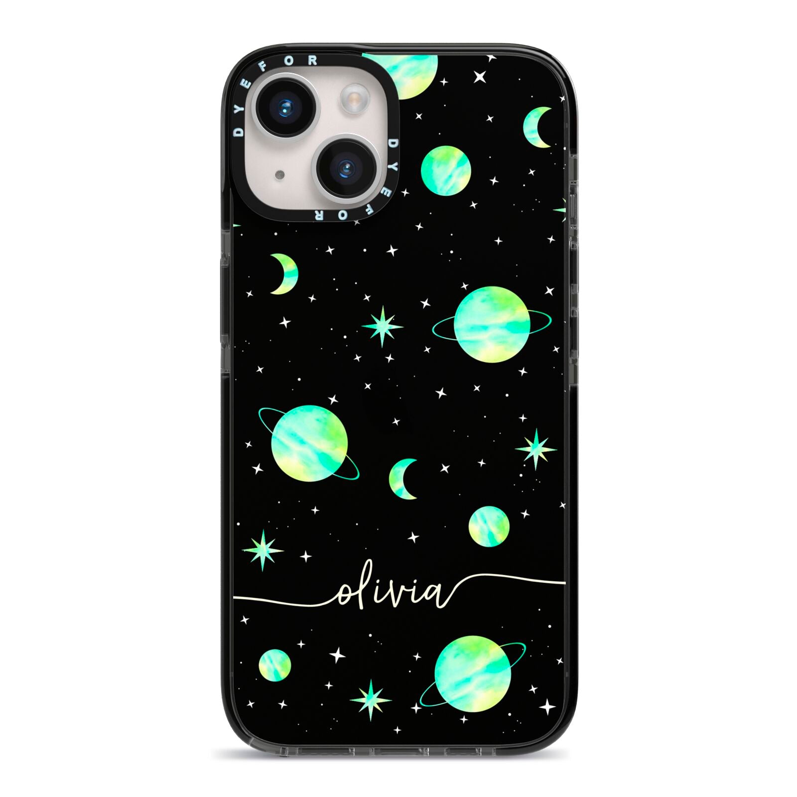 Green Galaxy Personalised Name iPhone 14 Black Impact Case on Silver phone