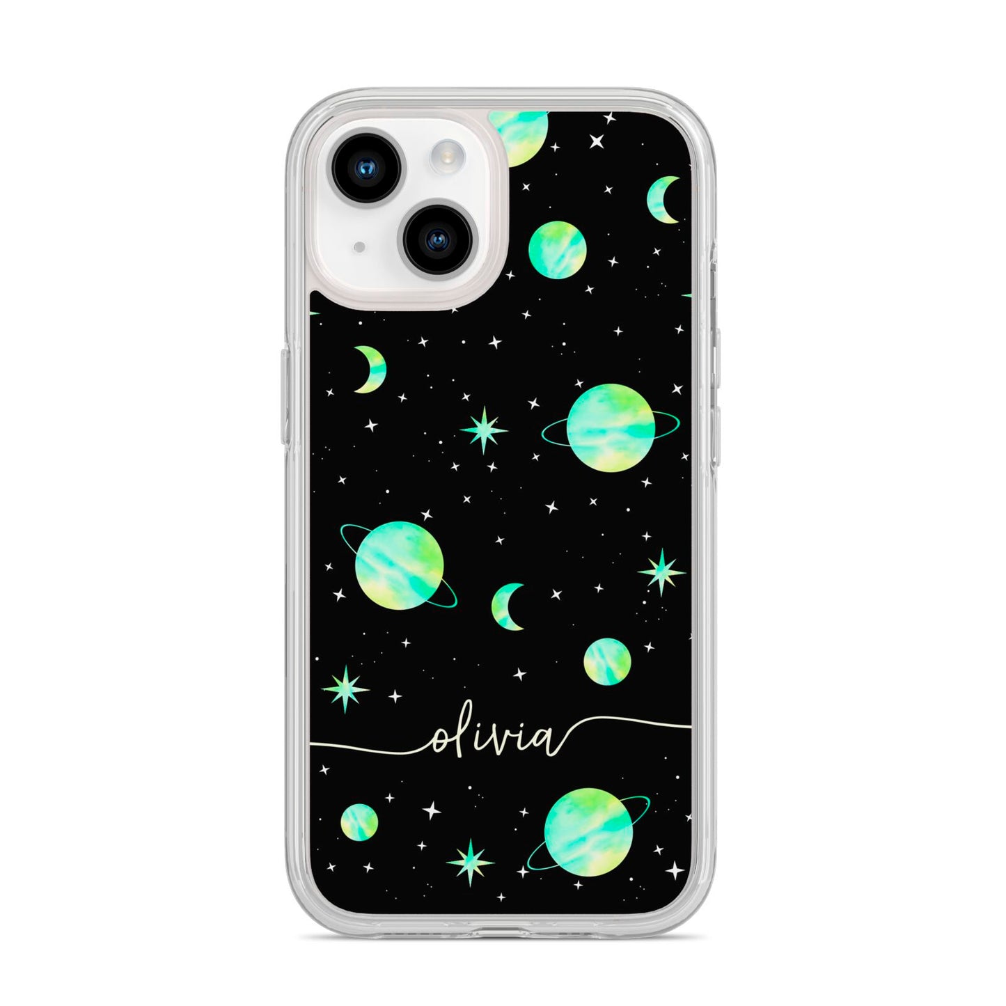 Green Galaxy Personalised Name iPhone 14 Clear Tough Case Starlight