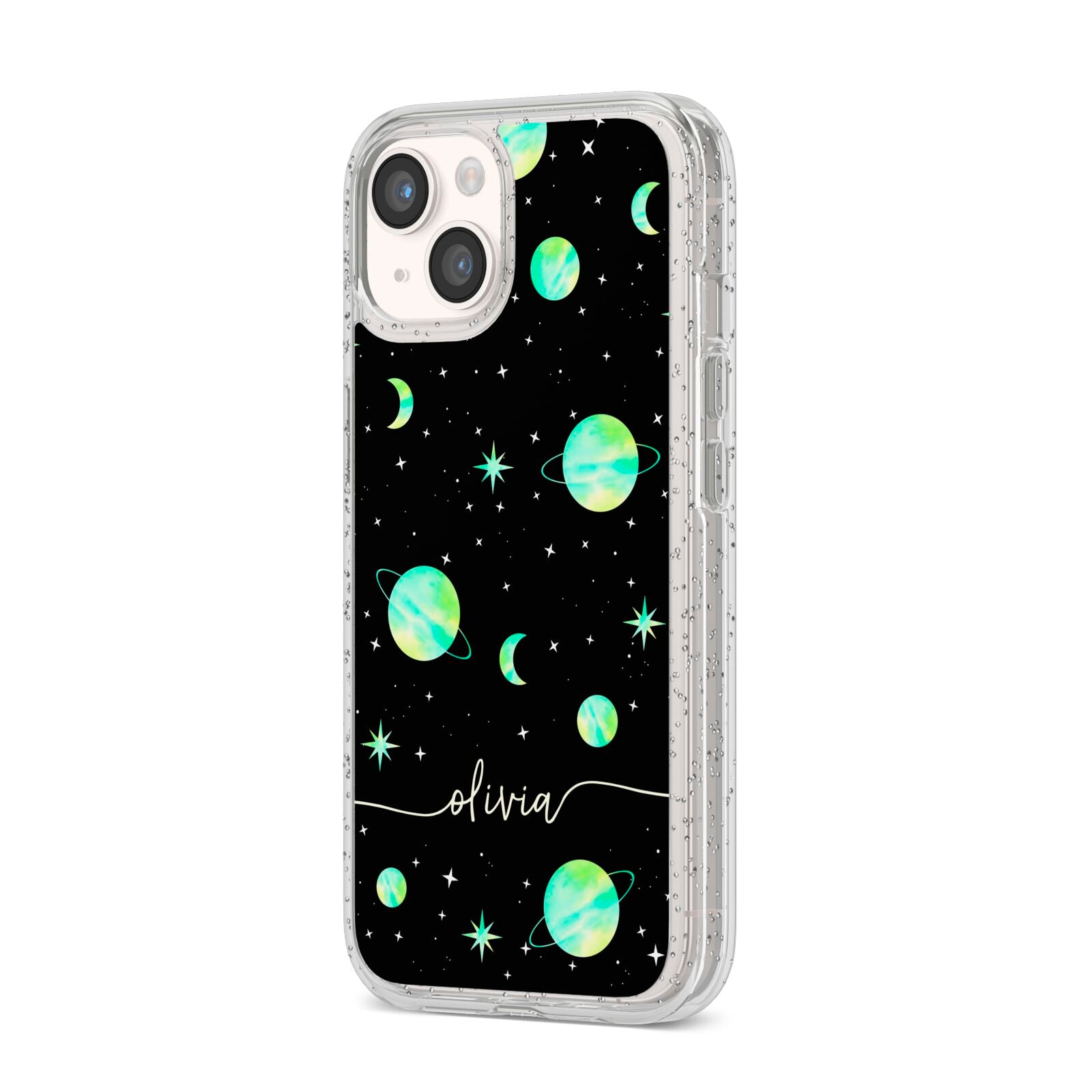 Green Galaxy Personalised Name iPhone 14 Glitter Tough Case Starlight Angled Image