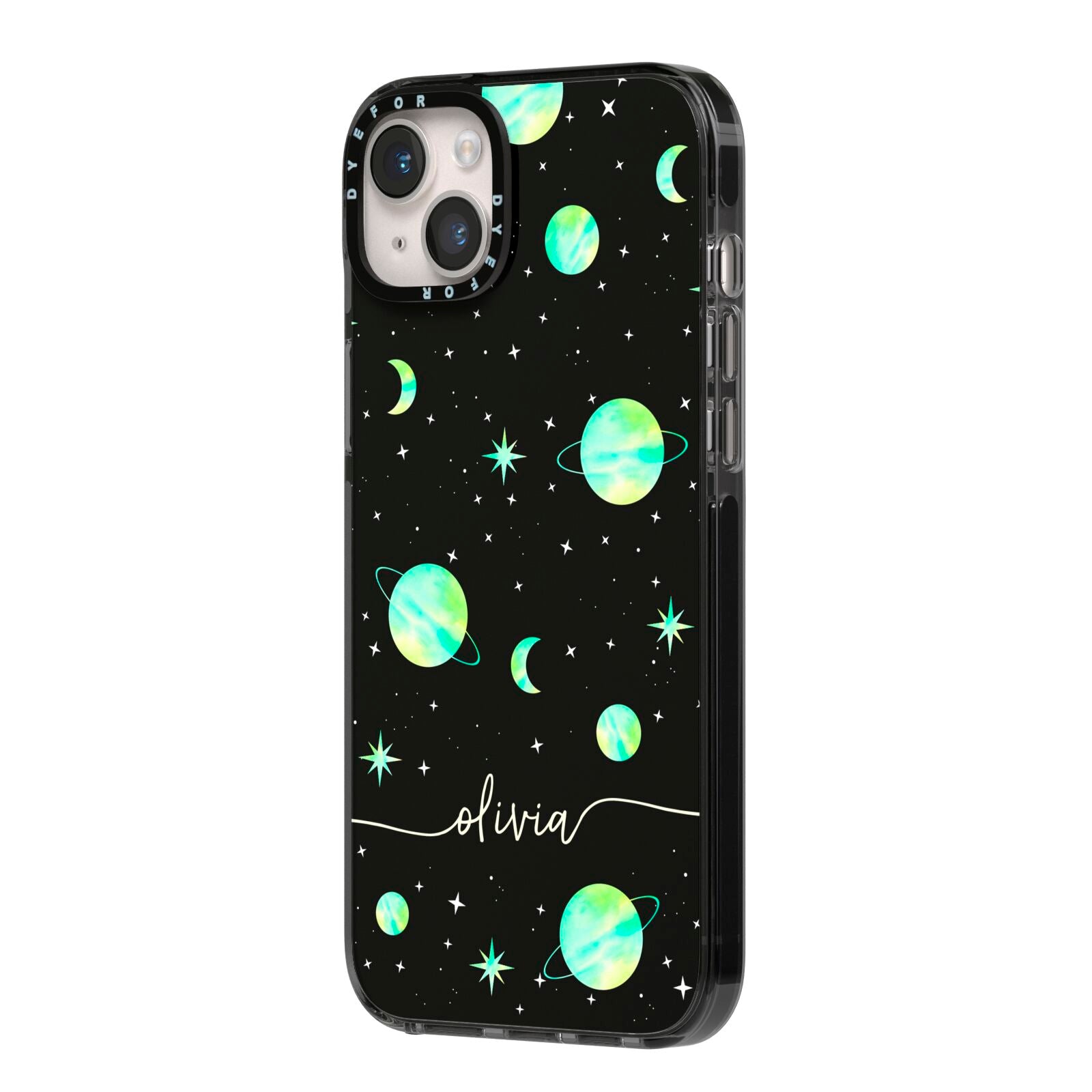 Green Galaxy Personalised Name iPhone 14 Plus Black Impact Case Side Angle on Silver phone