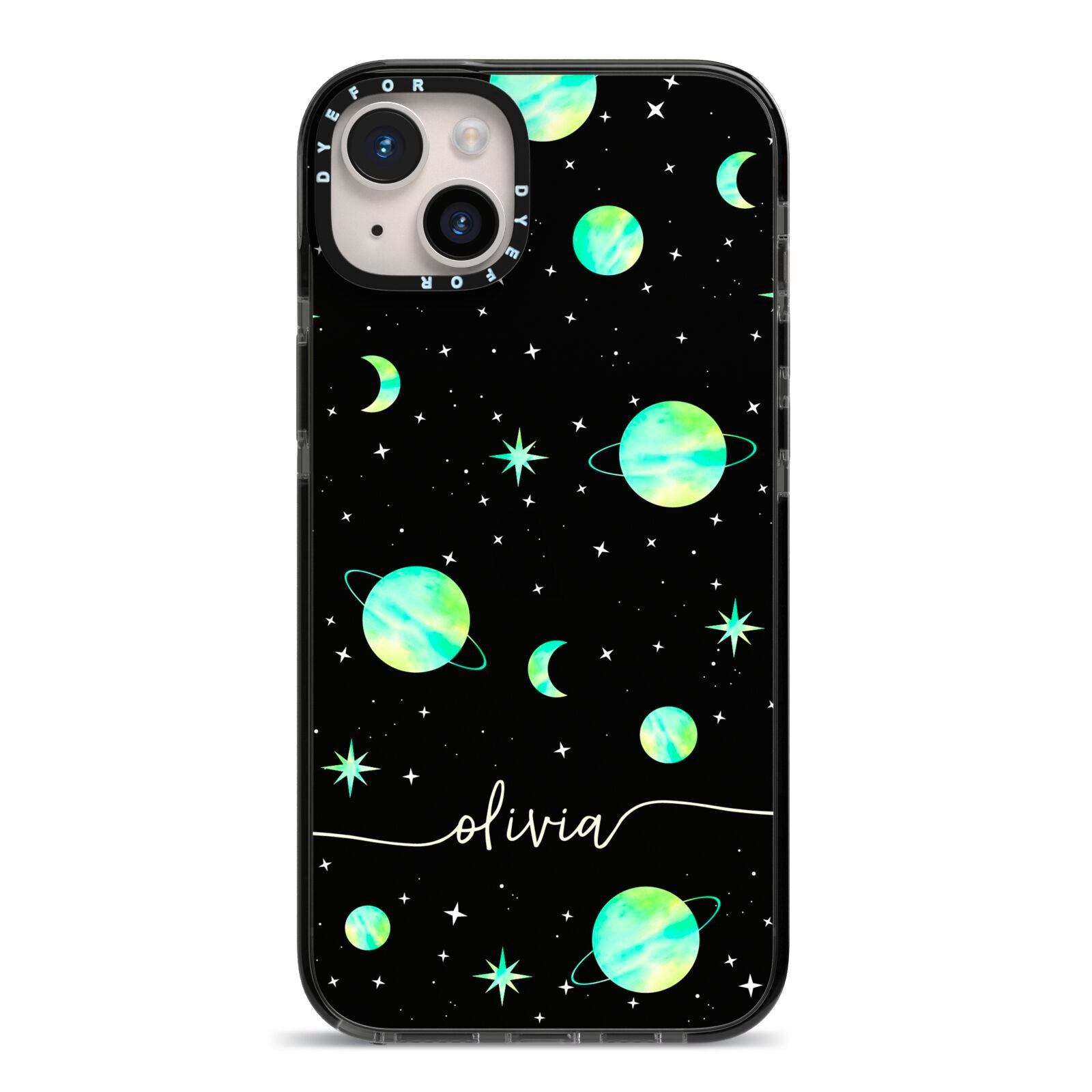 Green Galaxy Personalised Name iPhone 14 Plus Black Impact Case on Silver phone