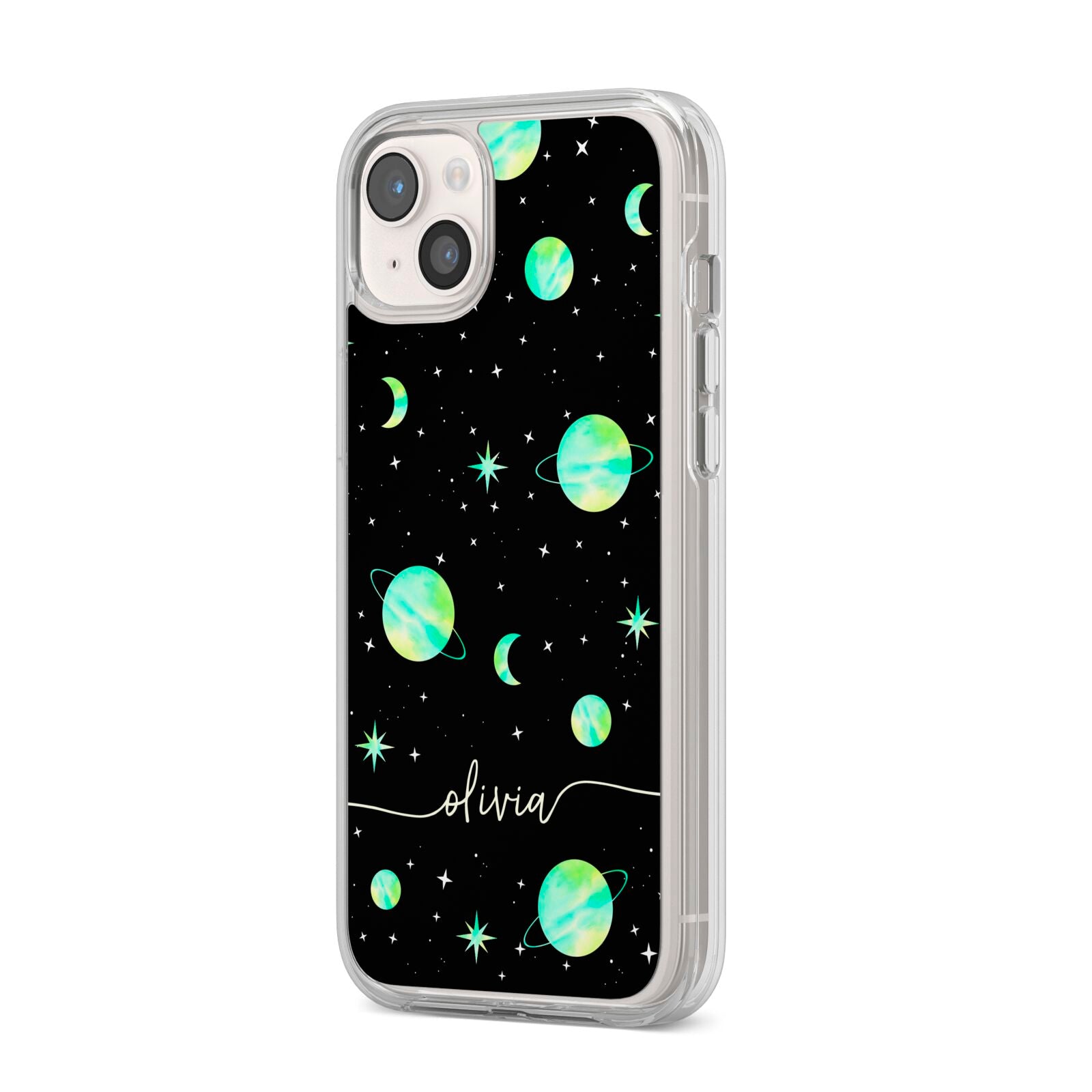 Green Galaxy Personalised Name iPhone 14 Plus Clear Tough Case Starlight Angled Image