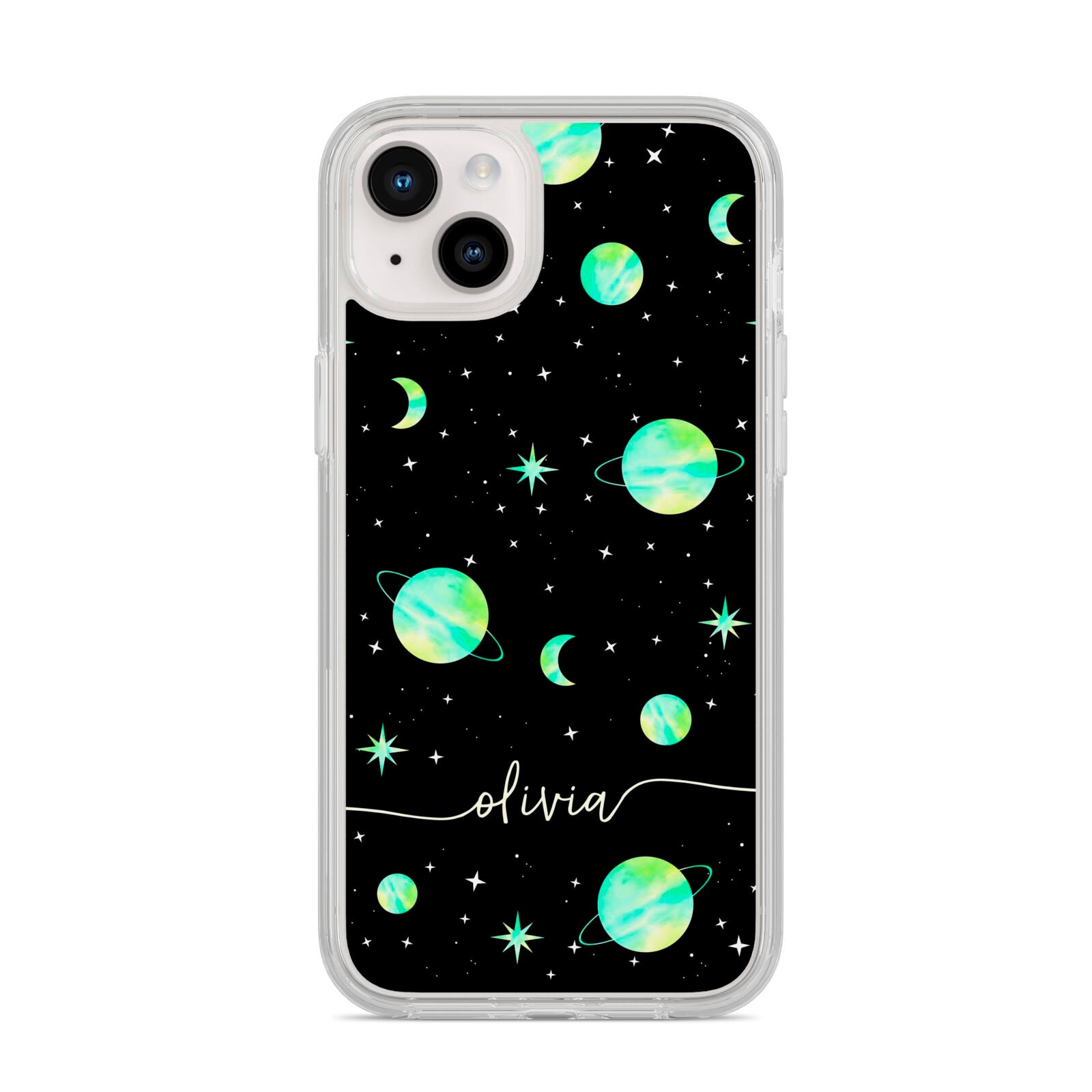 Green Galaxy Personalised Name iPhone 14 Plus Clear Tough Case Starlight