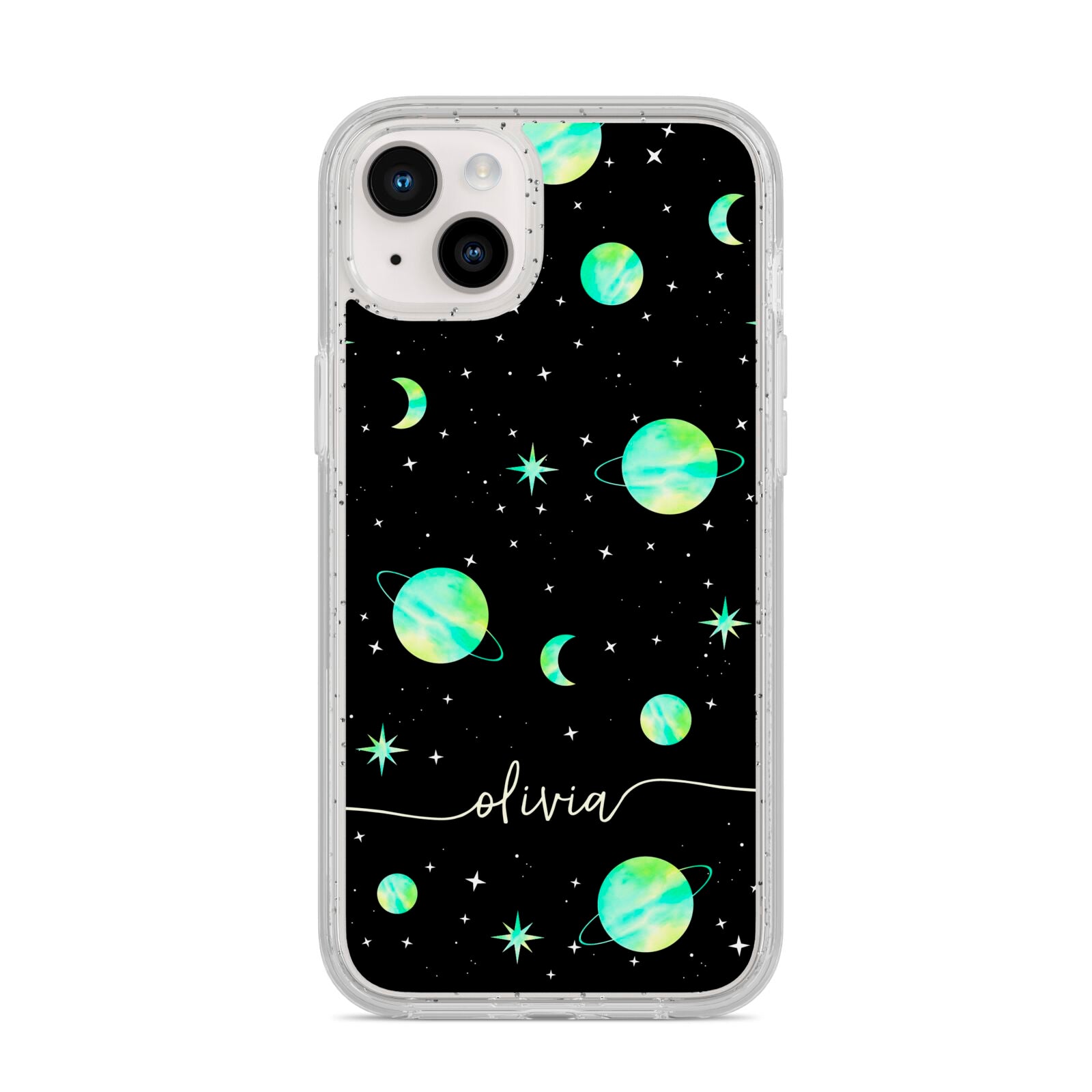 Green Galaxy Personalised Name iPhone 14 Plus Glitter Tough Case Starlight