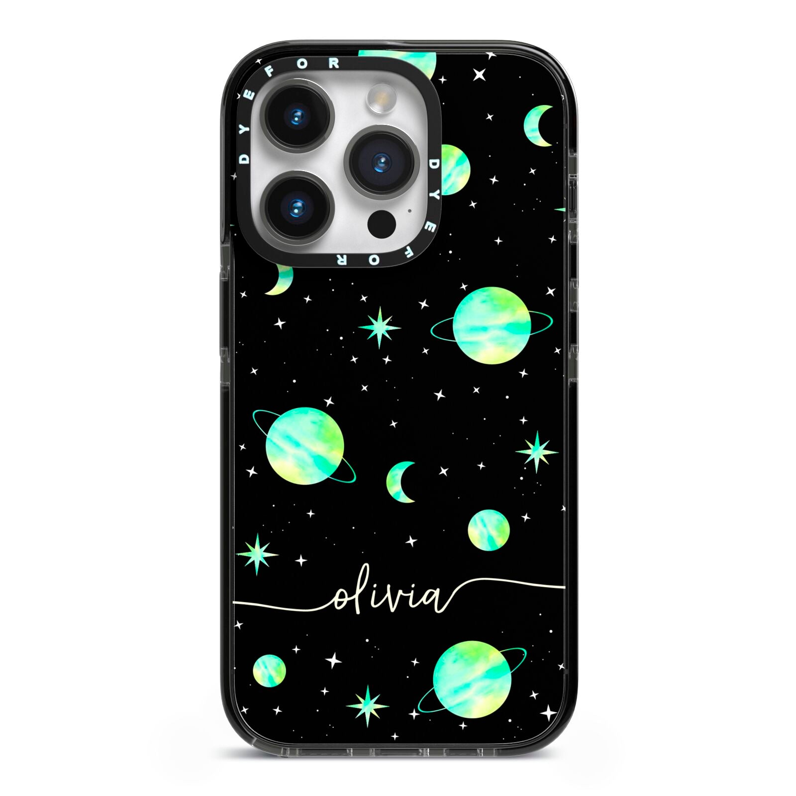 Green Galaxy Personalised Name iPhone 14 Pro Black Impact Case on Silver phone