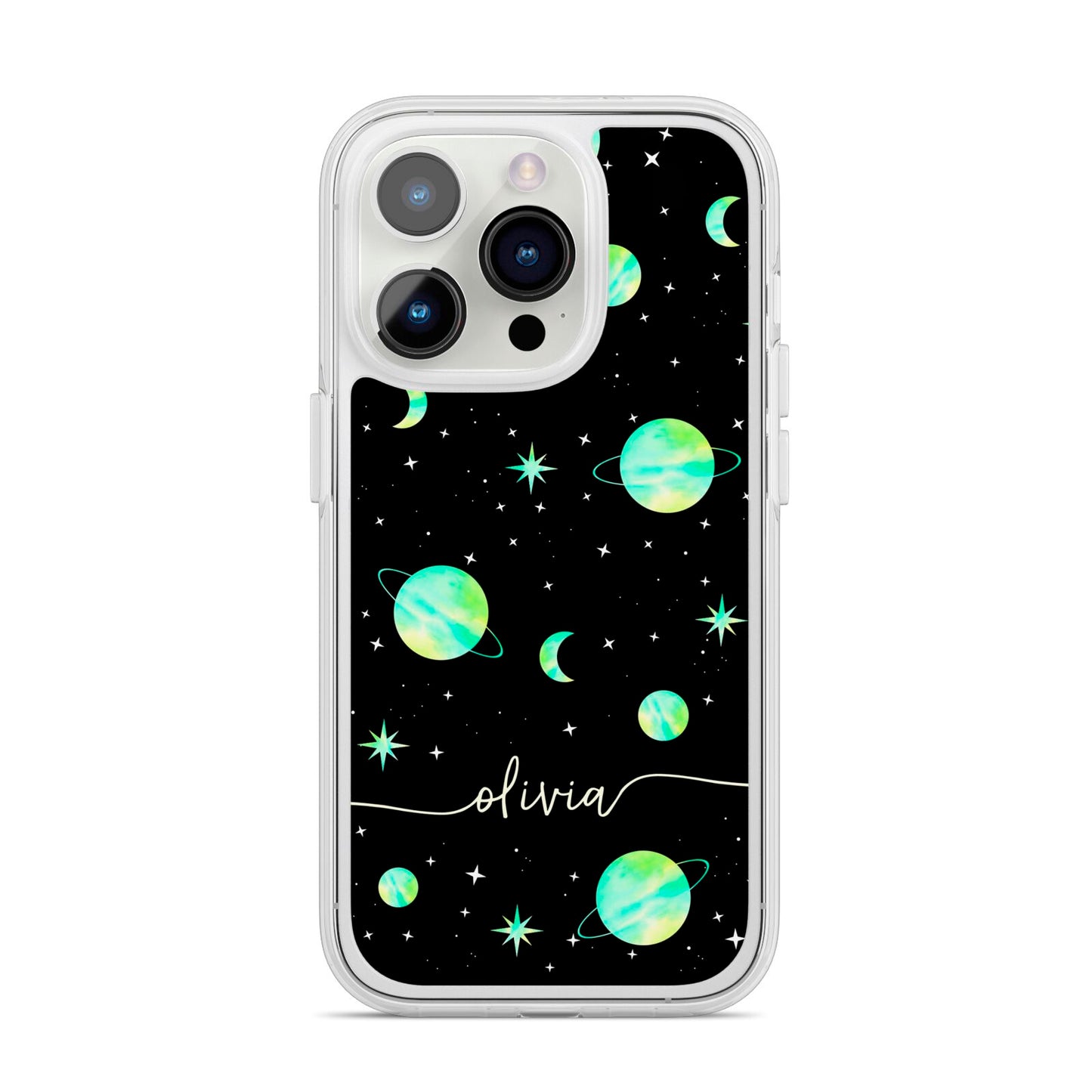 Green Galaxy Personalised Name iPhone 14 Pro Clear Tough Case Silver