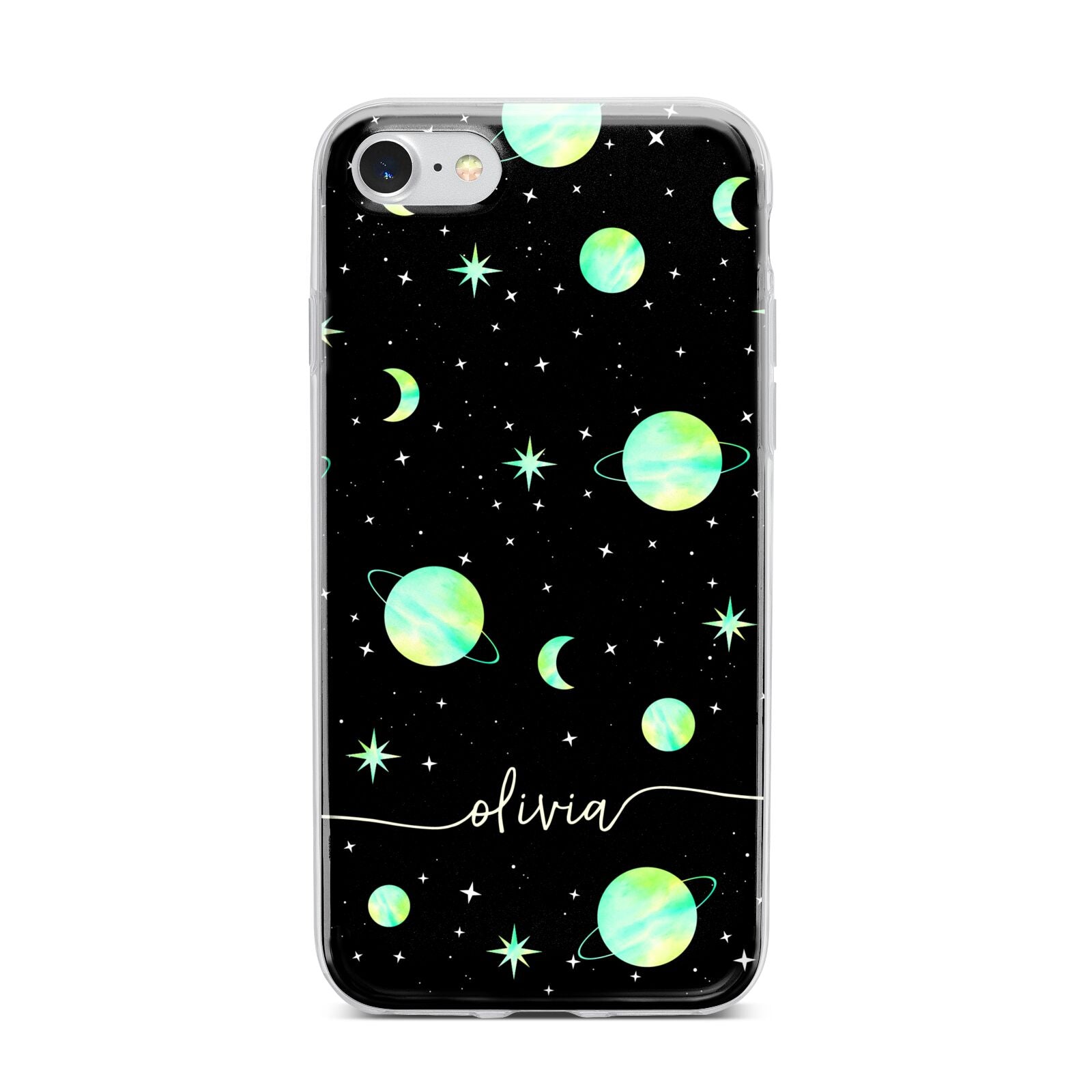 Green Galaxy Personalised Name iPhone 7 Bumper Case on Silver iPhone