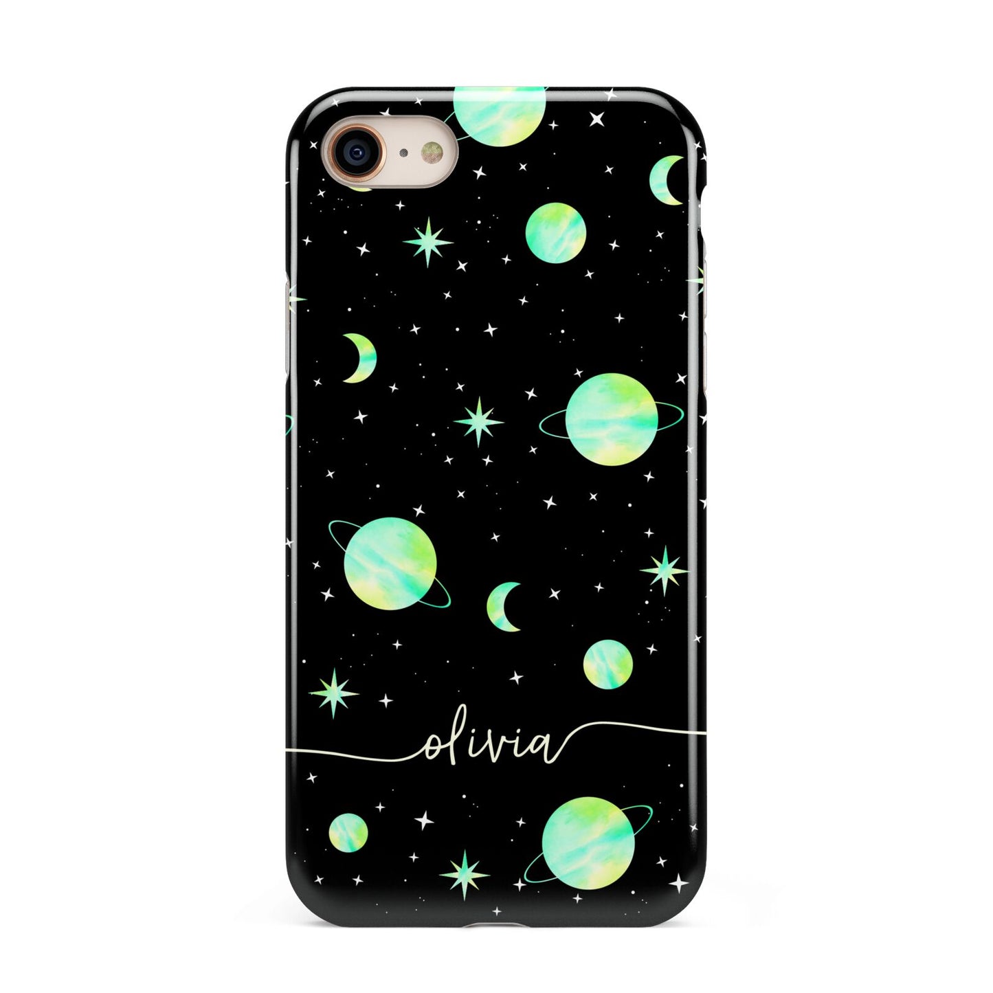 Green Galaxy Personalised Name iPhone 8 3D Tough Case on Gold Phone