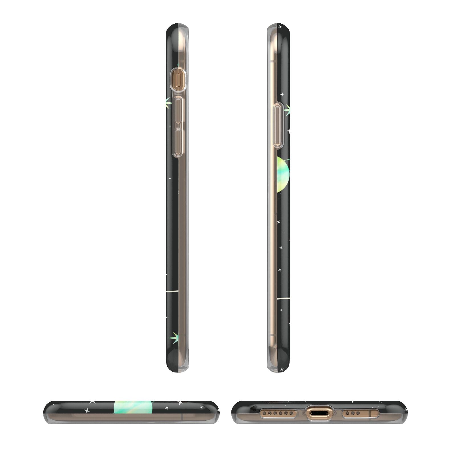 Green Galaxy Personalised Name iPhone XS 3D Tough Case in Gold Angled Images