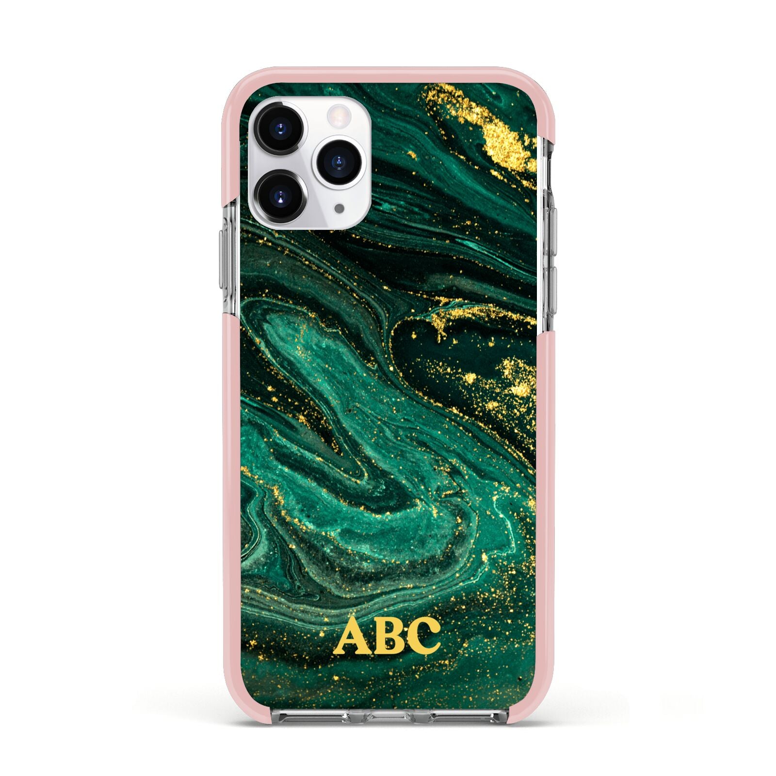 Green Gold Marble Personalised Initial Apple iPhone 11 Pro in Silver with Pink Impact Case