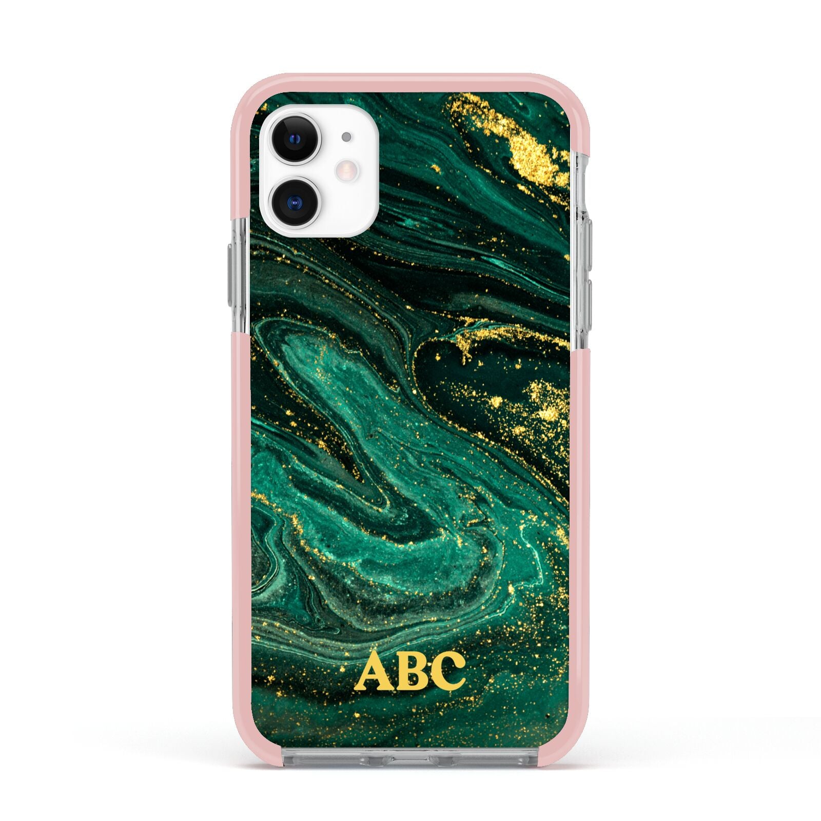 Green Gold Marble Personalised Initial Apple iPhone 11 in White with Pink Impact Case