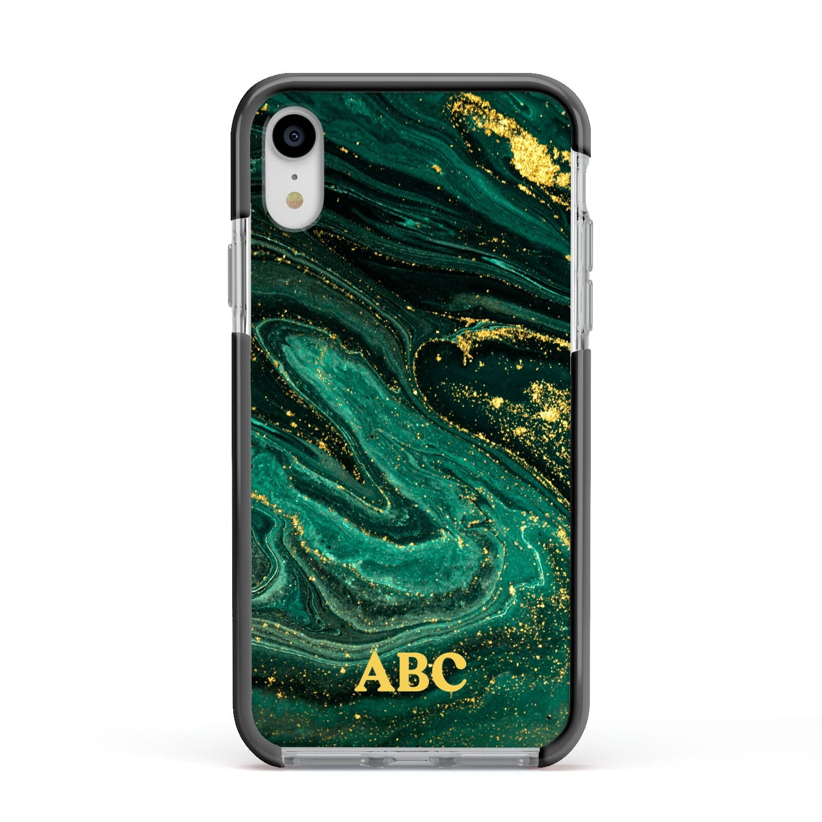 Green Gold Marble Personalised Initial Apple iPhone XR Impact Case Black Edge on Silver Phone