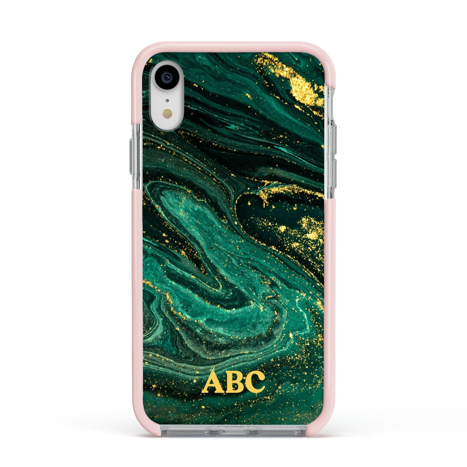 Green Gold Marble Personalised Initial Apple iPhone XR Impact Case Pink Edge on Silver Phone