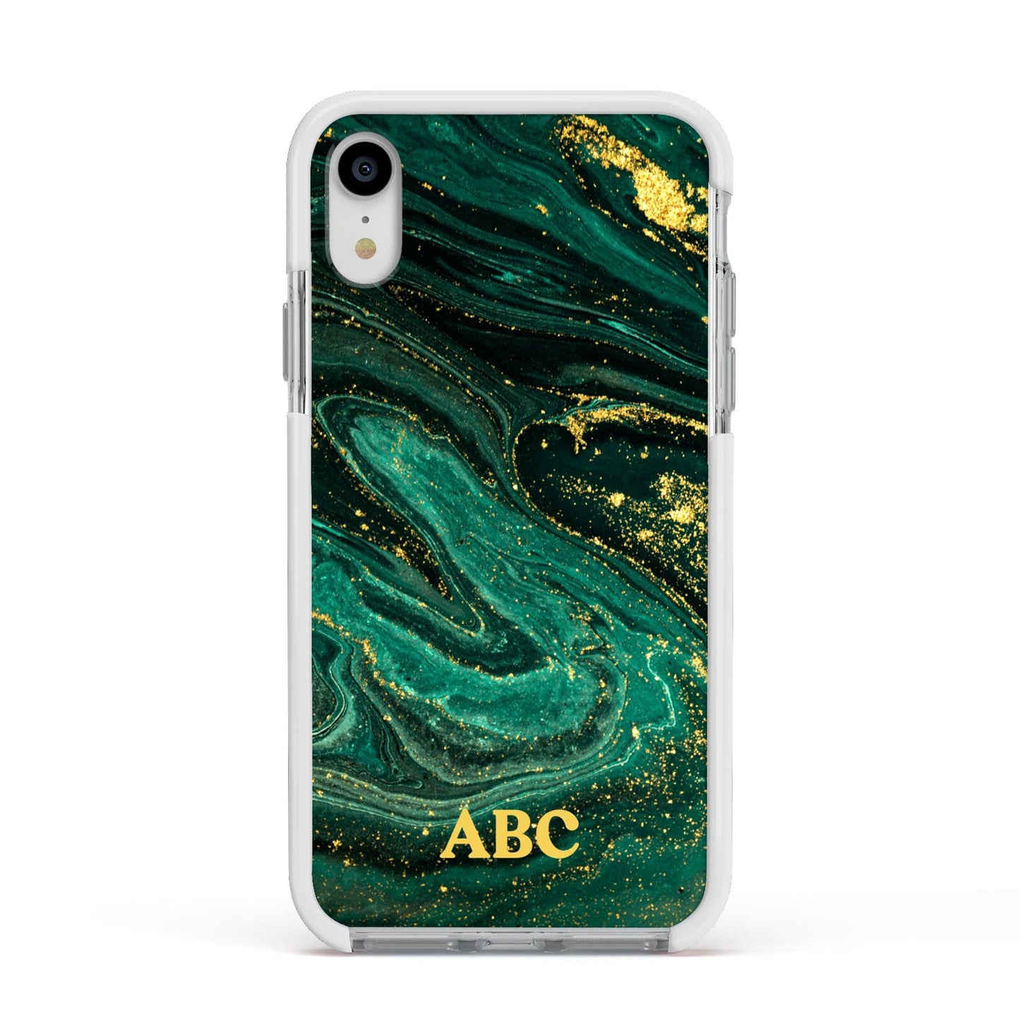 Green Gold Marble Personalised Initial Apple iPhone XR Impact Case White Edge on Silver Phone