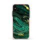 Green Gold Marble Personalised Initial Apple iPhone Xs Impact Case Pink Edge on Black Phone