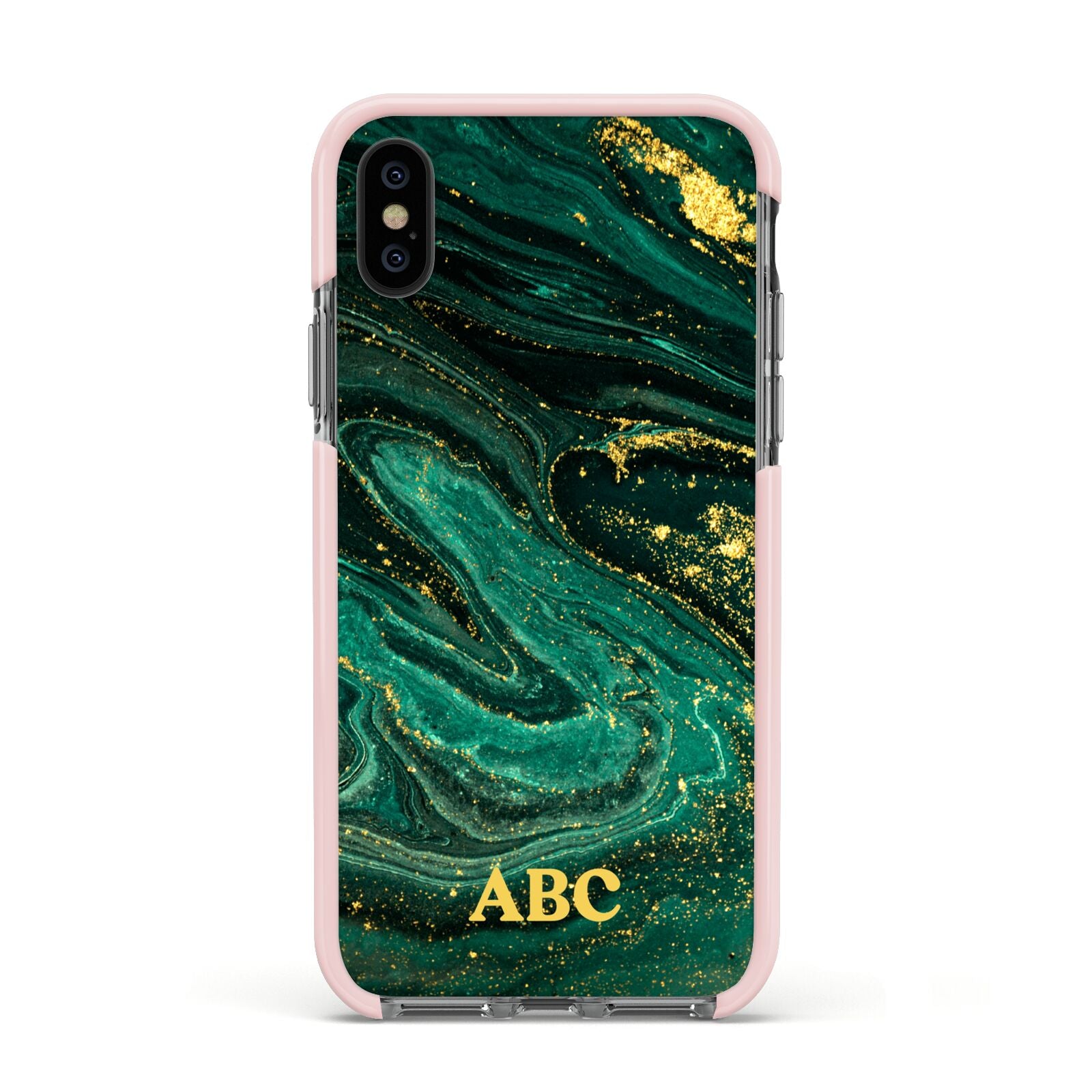 Green Gold Marble Personalised Initial Apple iPhone Xs Impact Case Pink Edge on Black Phone