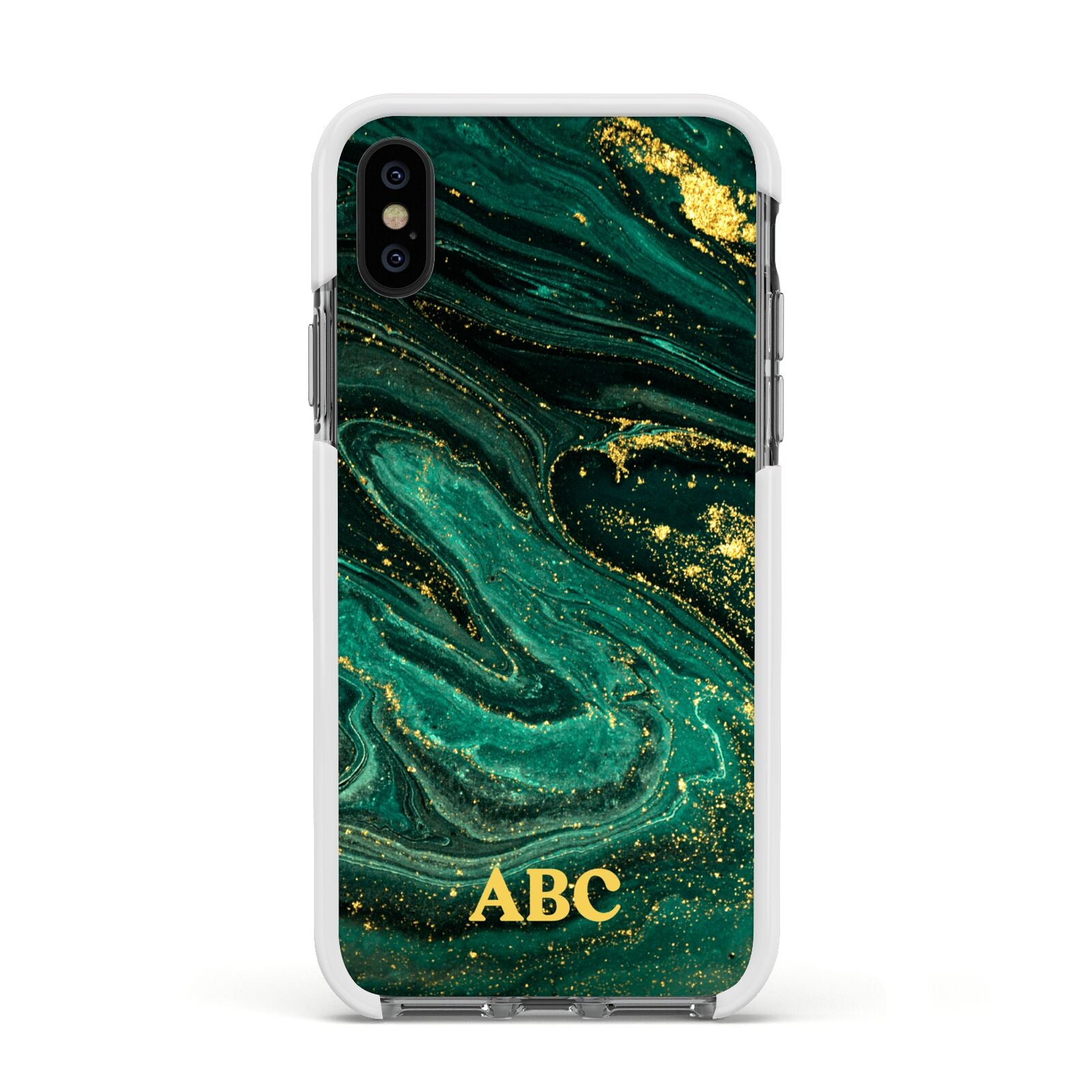Green Gold Marble Personalised Initial Apple iPhone Xs Impact Case White Edge on Black Phone