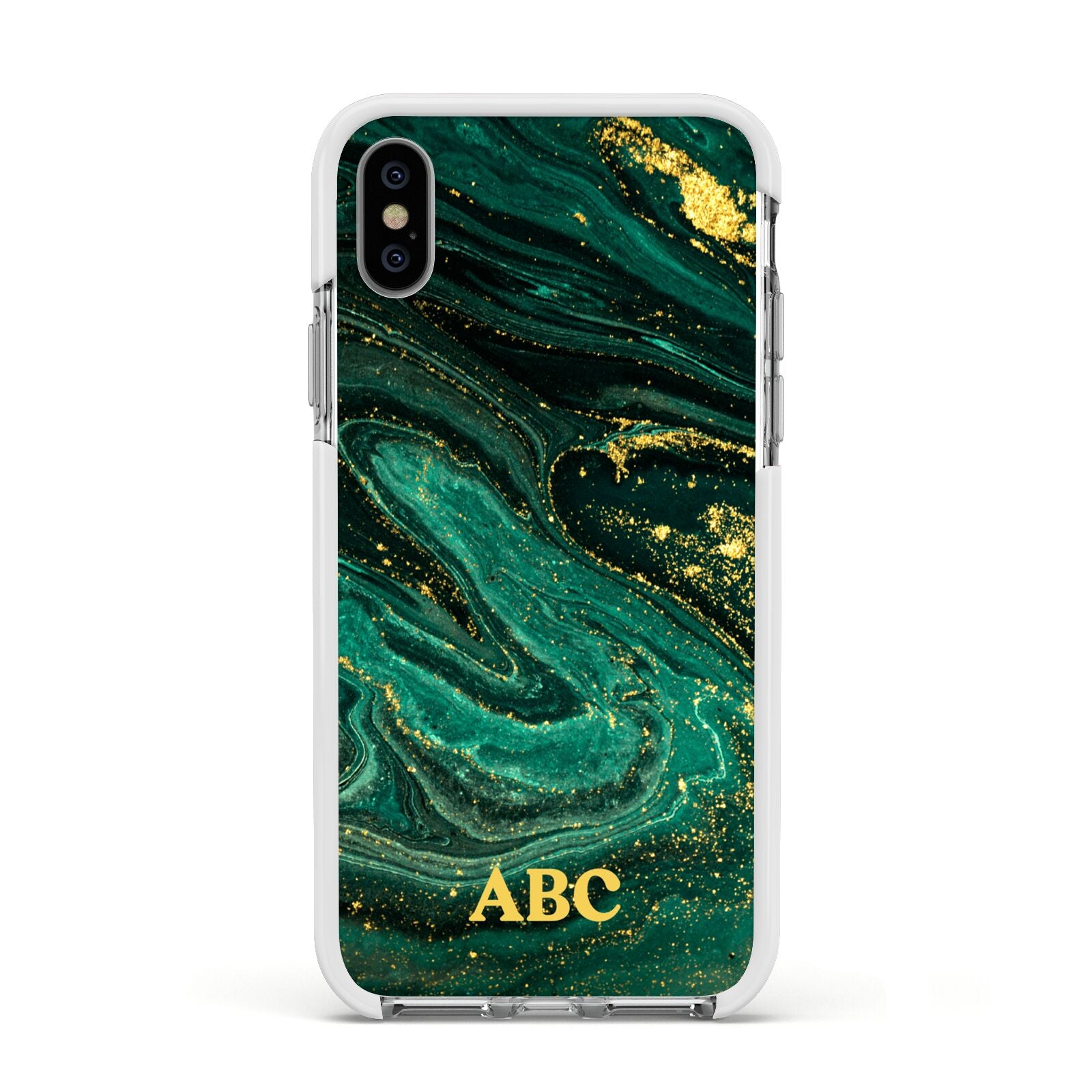 Green Gold Marble Personalised Initial Apple iPhone Xs Impact Case White Edge on Silver Phone