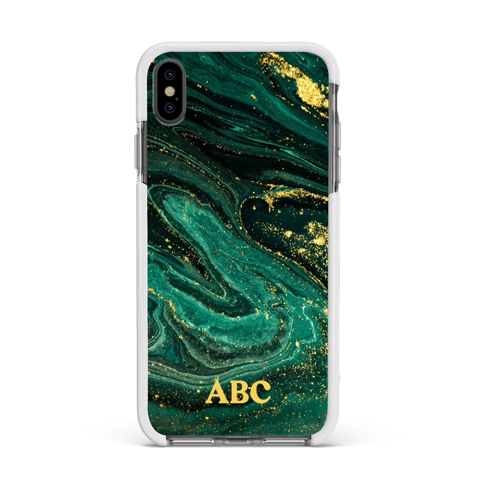 Green Gold Marble Personalised Initial Apple iPhone Xs Max Impact Case White Edge on Black Phone