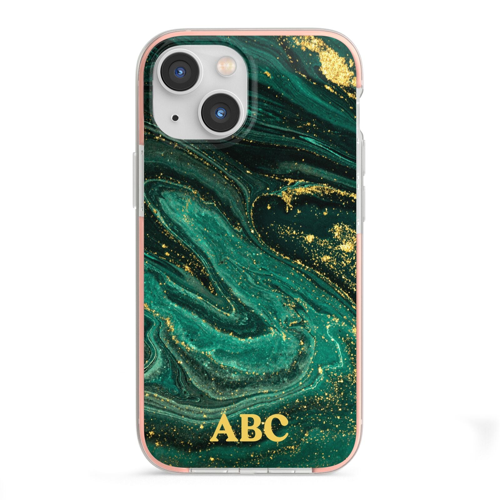 Green Gold Marble Personalised Initial iPhone 13 Mini TPU Impact Case with Pink Edges