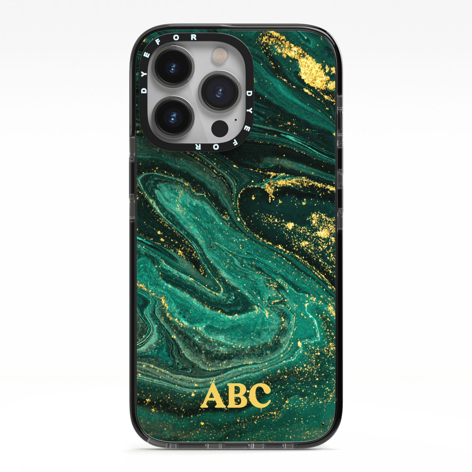 Green Gold Marble Personalised Initial iPhone 13 Pro Black Impact Case on Silver phone
