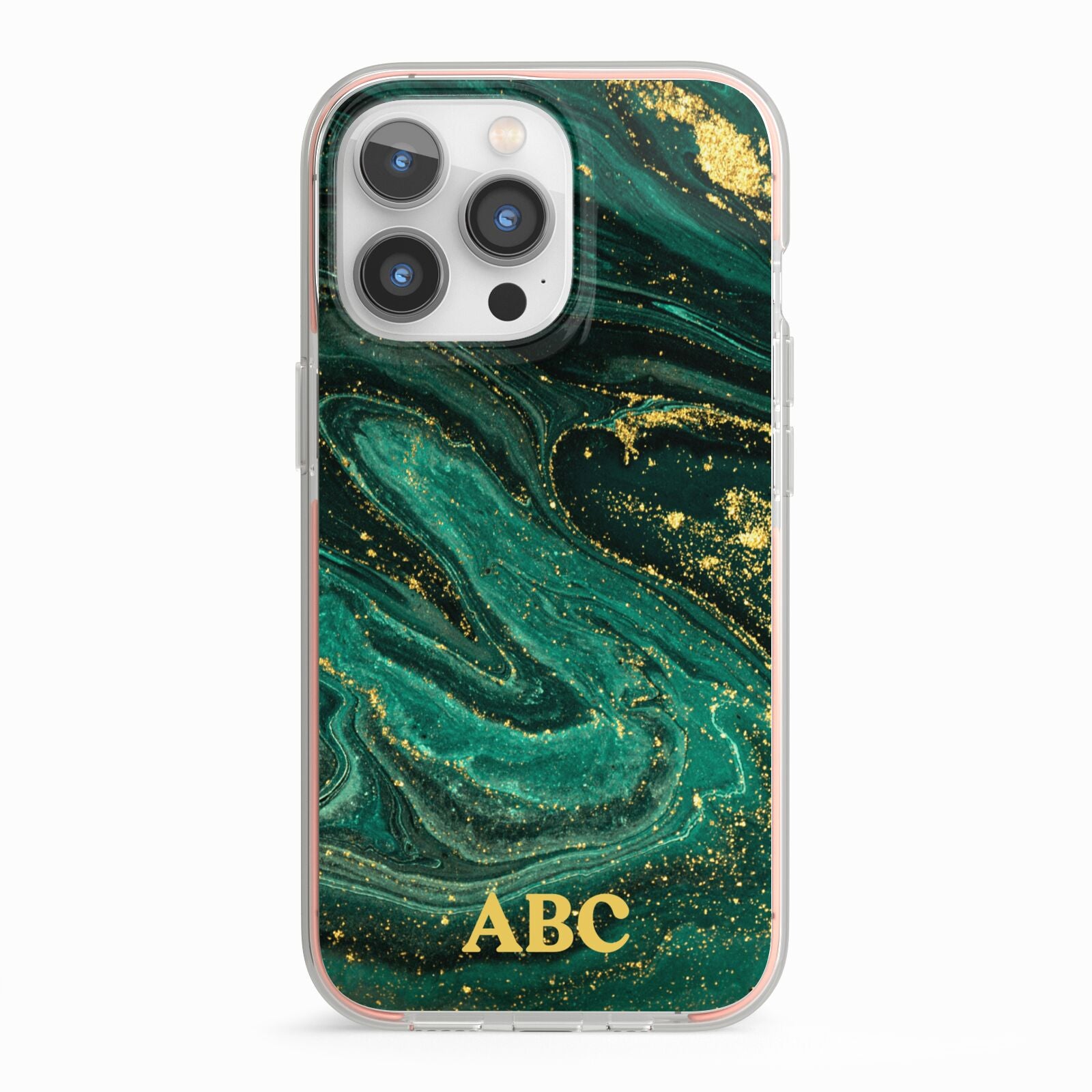 Green Gold Marble Personalised Initial iPhone 13 Pro TPU Impact Case with Pink Edges