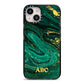 Green Gold Marble Personalised Initial iPhone 14 Black Impact Case on Silver phone