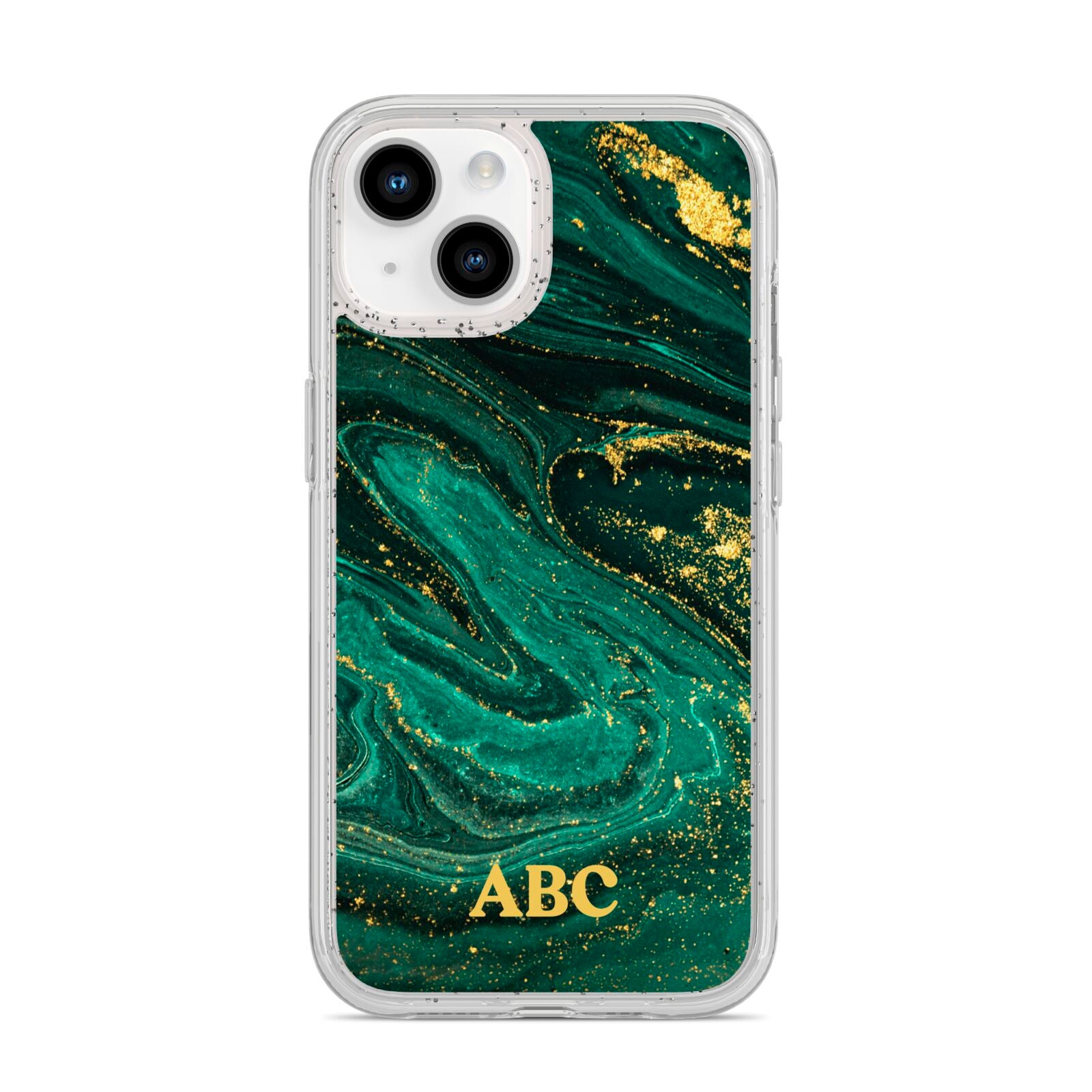 Green Gold Marble Personalised Initial iPhone 14 Glitter Tough Case Starlight