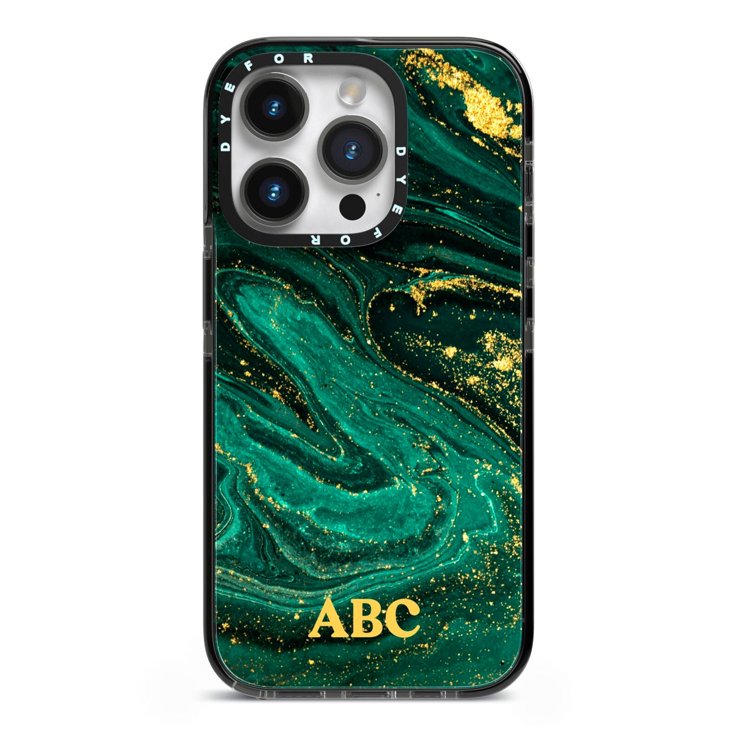 Green Gold Marble Personalised Initial iPhone 14 Pro Black Impact Case on Silver phone