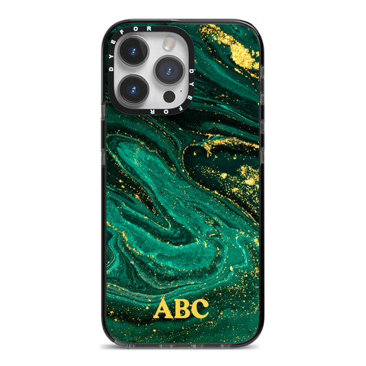 Green Gold Marble Personalised Initial iPhone 14 Pro Max Black Impact Case on Silver phone