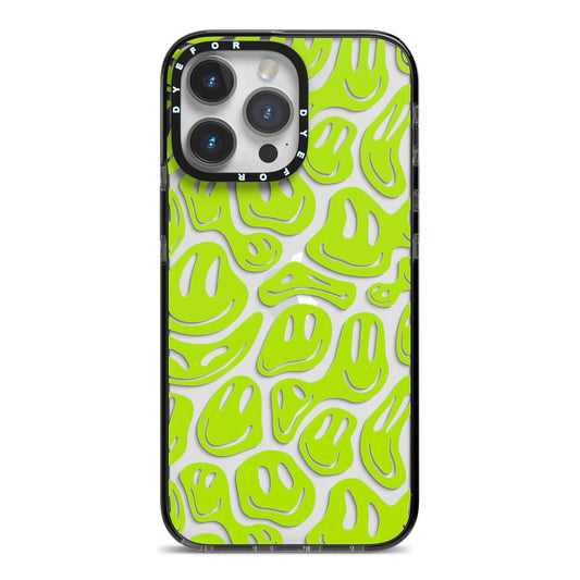 Green Happy Face iPhone 14 Pro Max Black Impact Case on Silver phone
