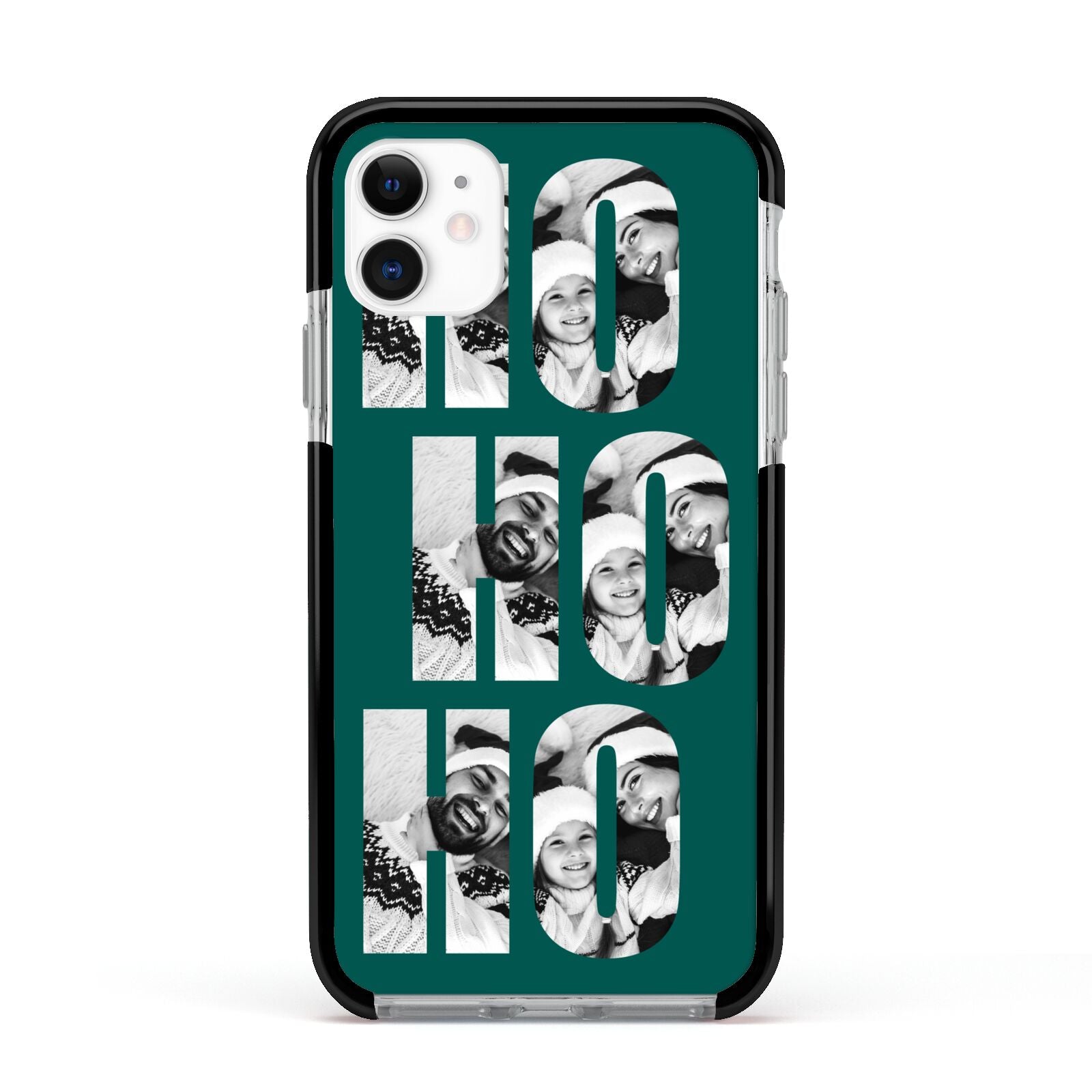 Green Ho Ho Ho Photo Upload Christmas Apple iPhone 11 in White with Black Impact Case