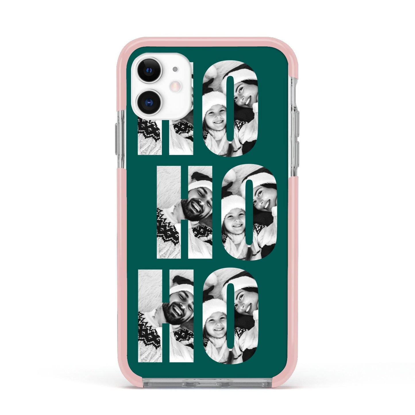 Green Ho Ho Ho Photo Upload Christmas Apple iPhone 11 in White with Pink Impact Case