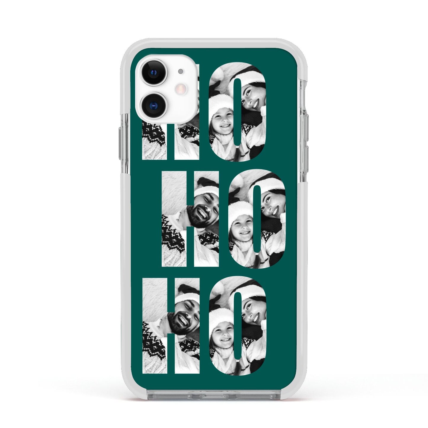 Green Ho Ho Ho Photo Upload Christmas Apple iPhone 11 in White with White Impact Case