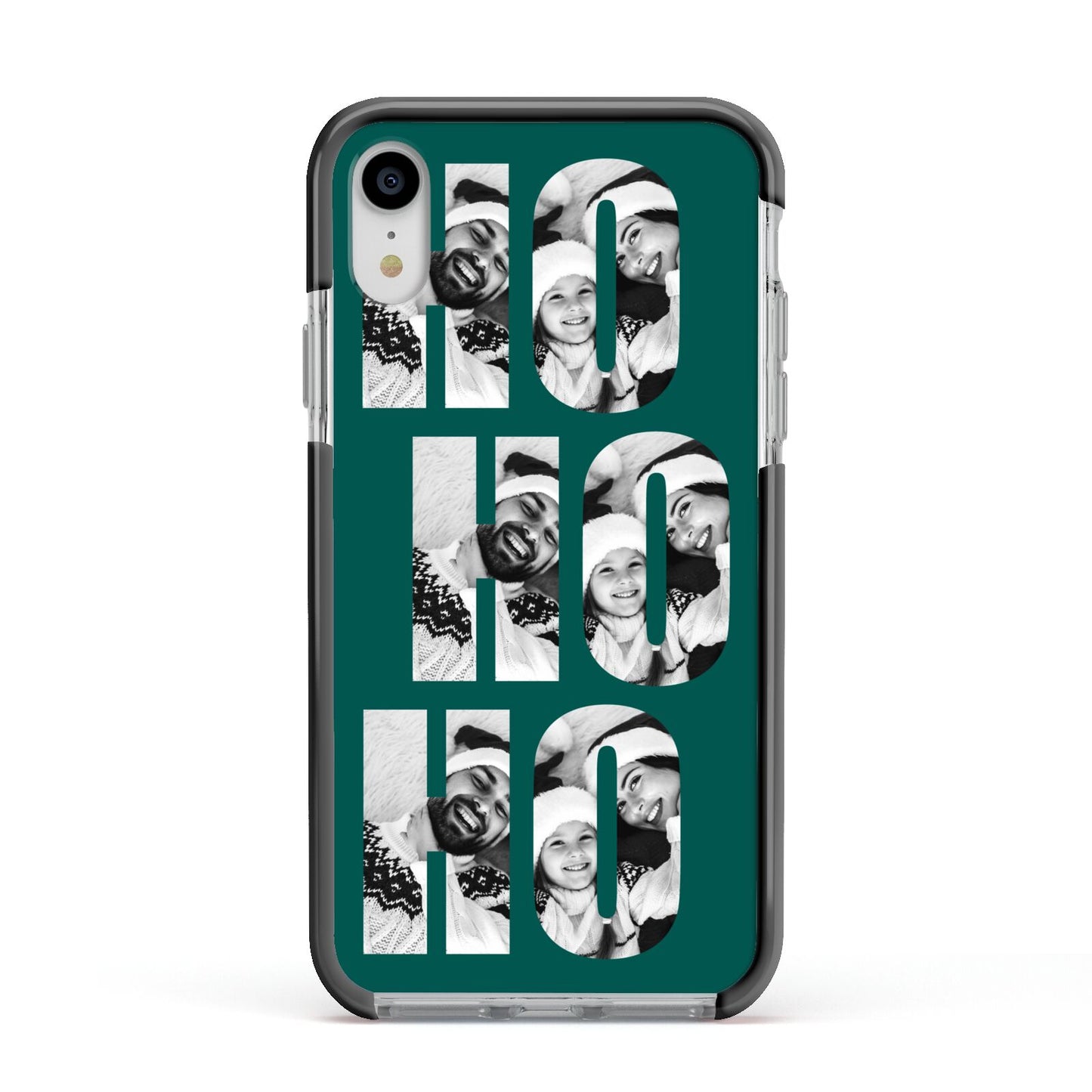Green Ho Ho Ho Photo Upload Christmas Apple iPhone XR Impact Case Black Edge on Silver Phone