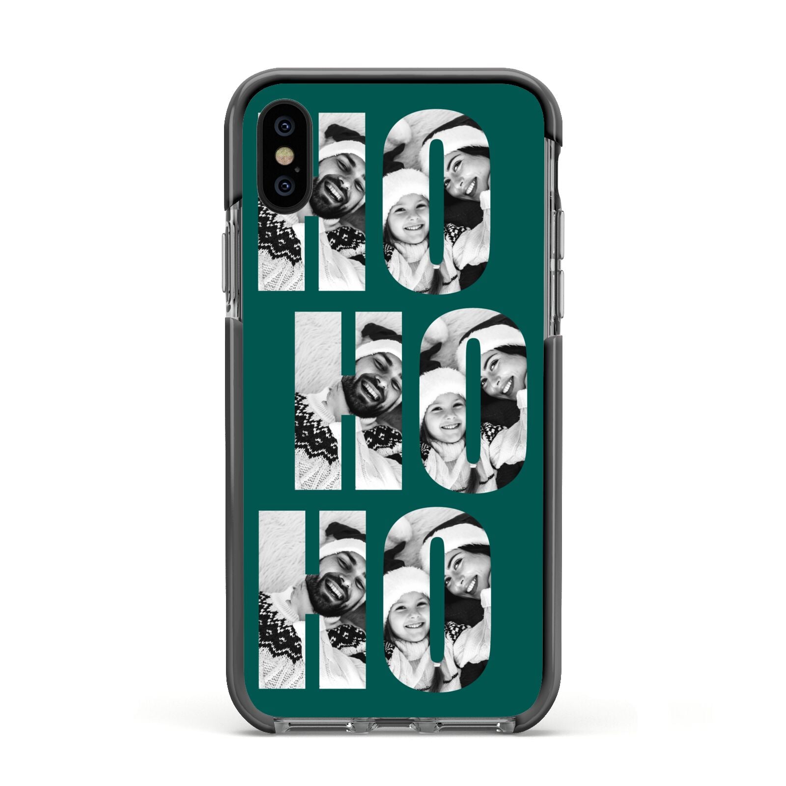 Green Ho Ho Ho Photo Upload Christmas Apple iPhone Xs Impact Case Black Edge on Black Phone