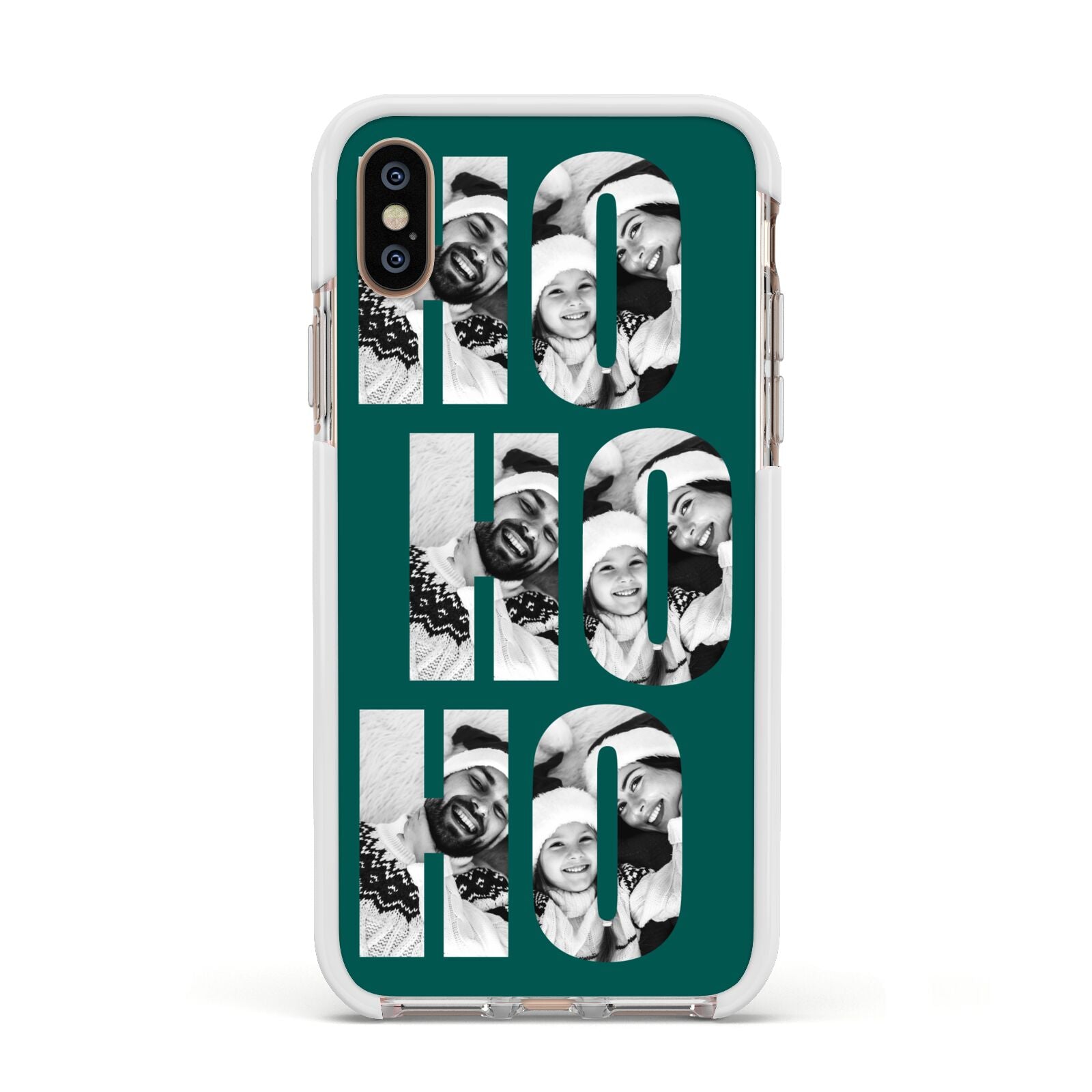 Green Ho Ho Ho Photo Upload Christmas Apple iPhone Xs Impact Case White Edge on Gold Phone