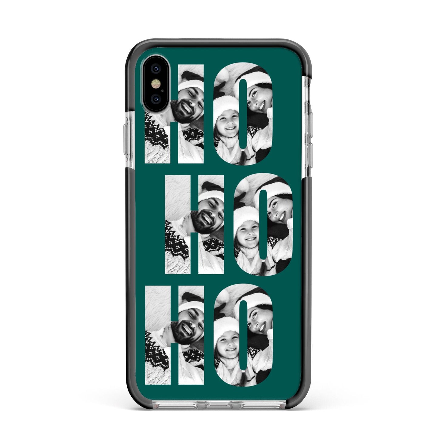 Green Ho Ho Ho Photo Upload Christmas Apple iPhone Xs Max Impact Case Black Edge on Silver Phone
