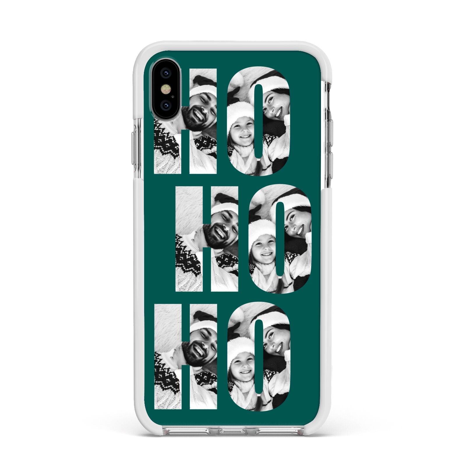 Green Ho Ho Ho Photo Upload Christmas Apple iPhone Xs Max Impact Case White Edge on Silver Phone