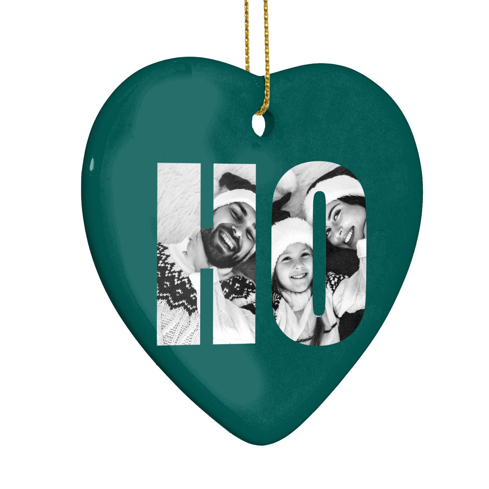 Green Ho Ho Ho Photo Upload Christmas Heart Decoration Side Angle