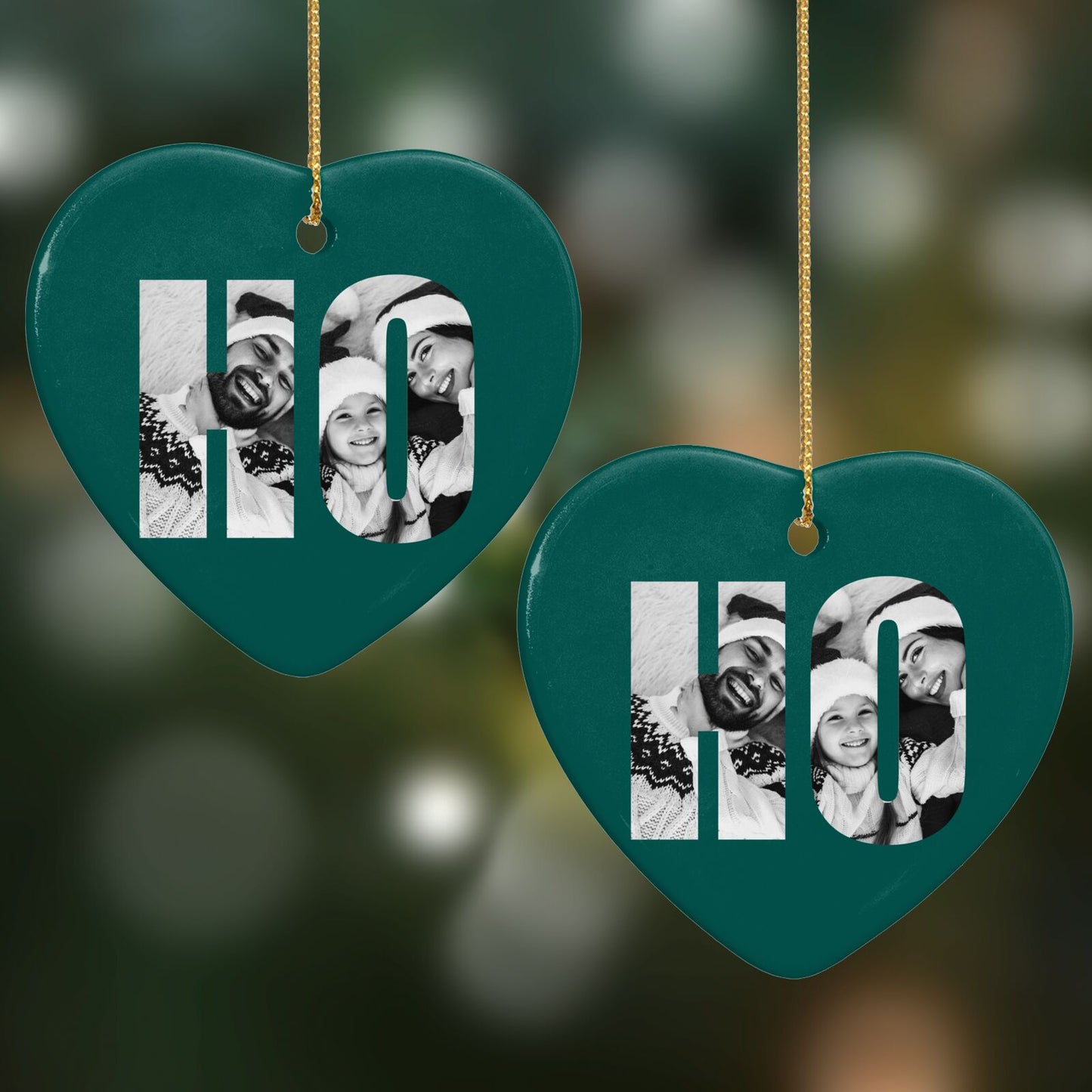 Green Ho Ho Ho Photo Upload Christmas Heart Decoration on Christmas Background