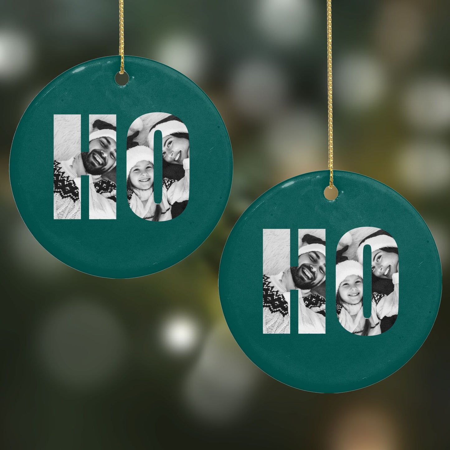 Green Ho Ho Ho Photo Upload Christmas Round Decoration on Christmas Background