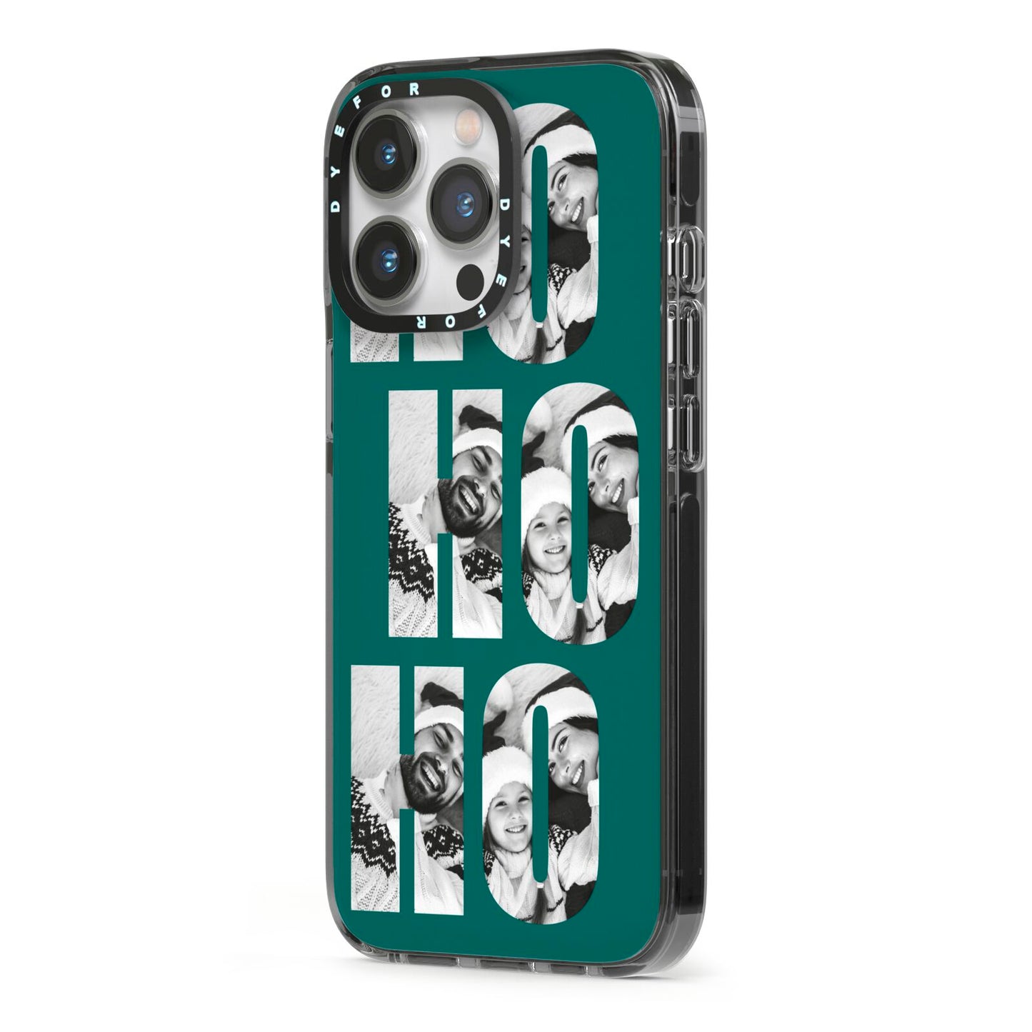 Green Ho Ho Ho Photo Upload Christmas iPhone 13 Pro Black Impact Case Side Angle on Silver phone