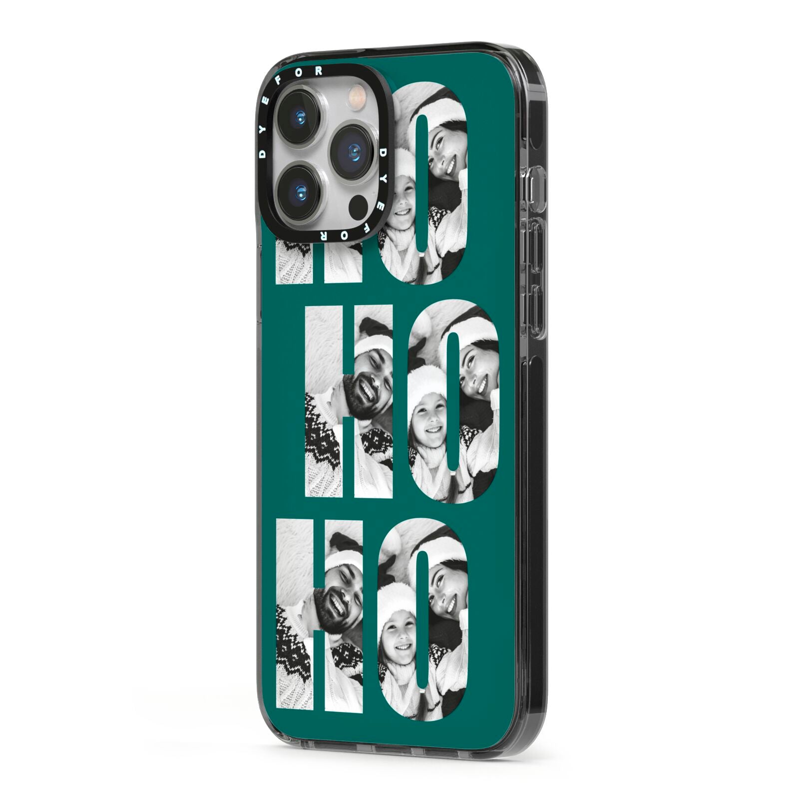 Green Ho Ho Ho Photo Upload Christmas iPhone 13 Pro Max Black Impact Case Side Angle on Silver phone