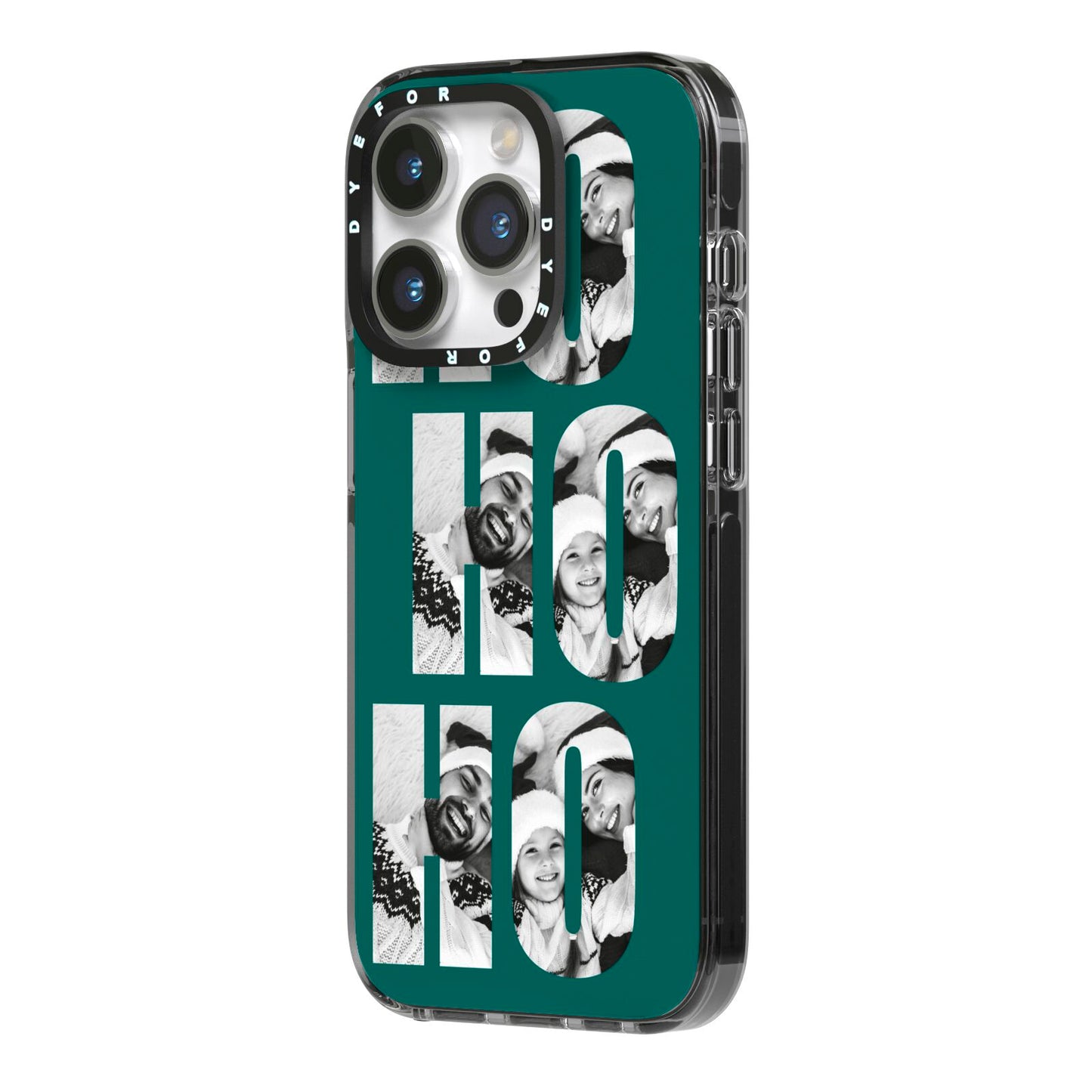 Green Ho Ho Ho Photo Upload Christmas iPhone 14 Pro Black Impact Case Side Angle on Silver phone