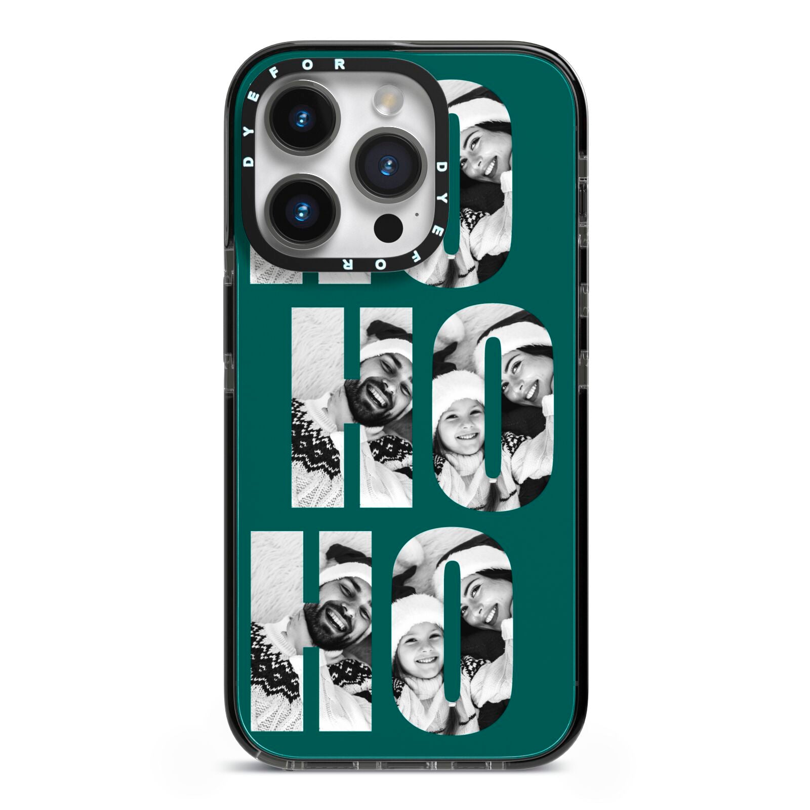 Green Ho Ho Ho Photo Upload Christmas iPhone 14 Pro Black Impact Case on Silver phone