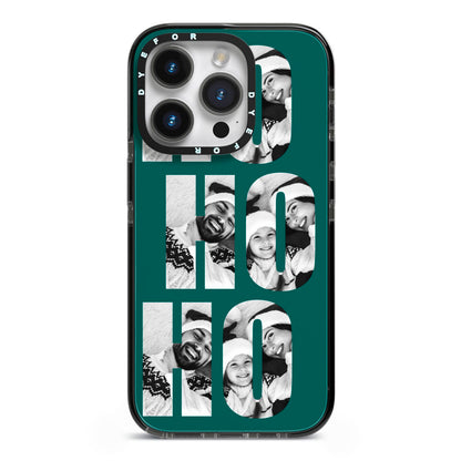Green Ho Ho Ho Photo Upload Christmas iPhone 14 Pro Black Impact Case on Silver phone
